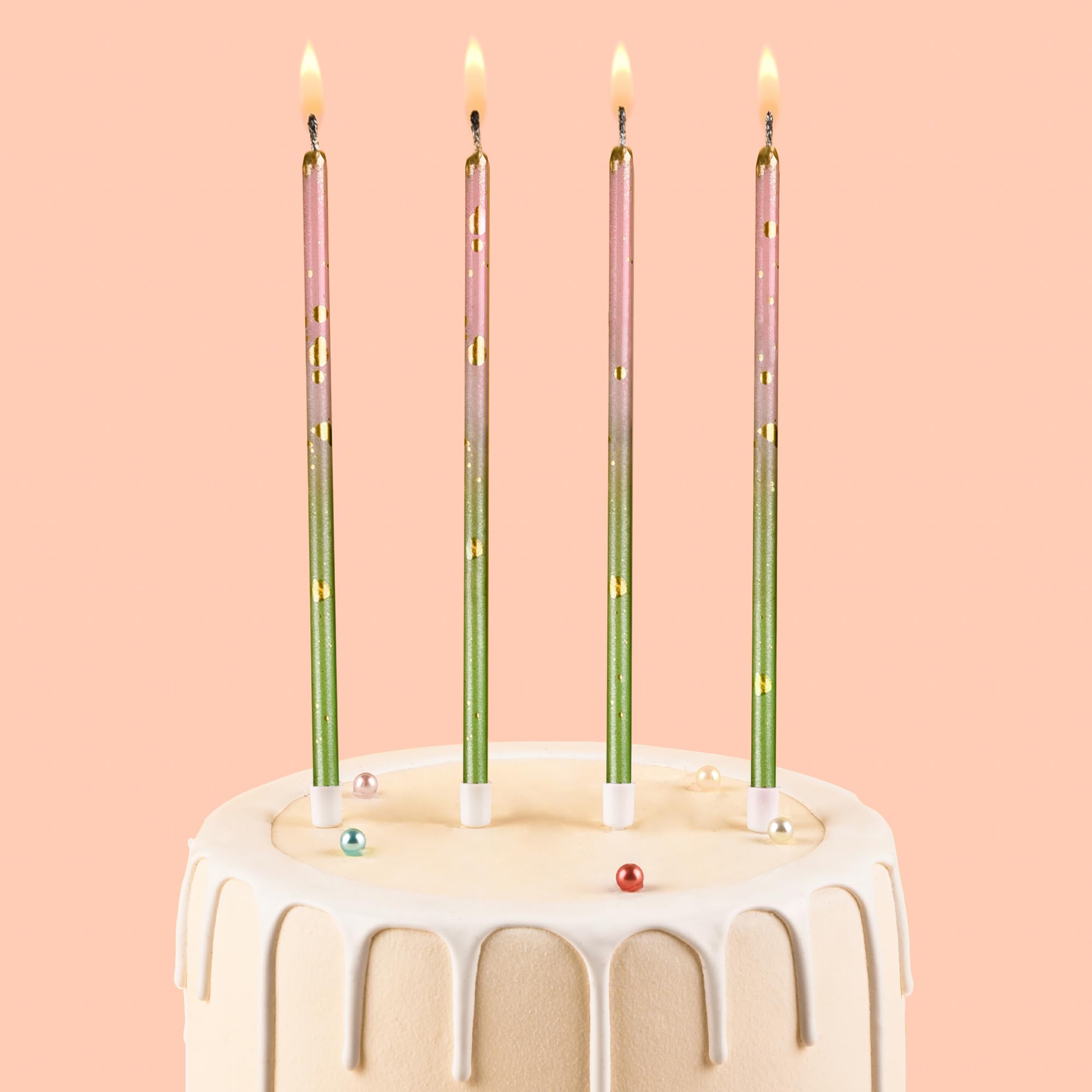 Pink Green Gold Long Thin Birthday Candles - Elegant Cake Candles for Birthday Parties, Wedding Decorations & Special Events - Perfect for Cakes, Cupcakes and Dessert Tables