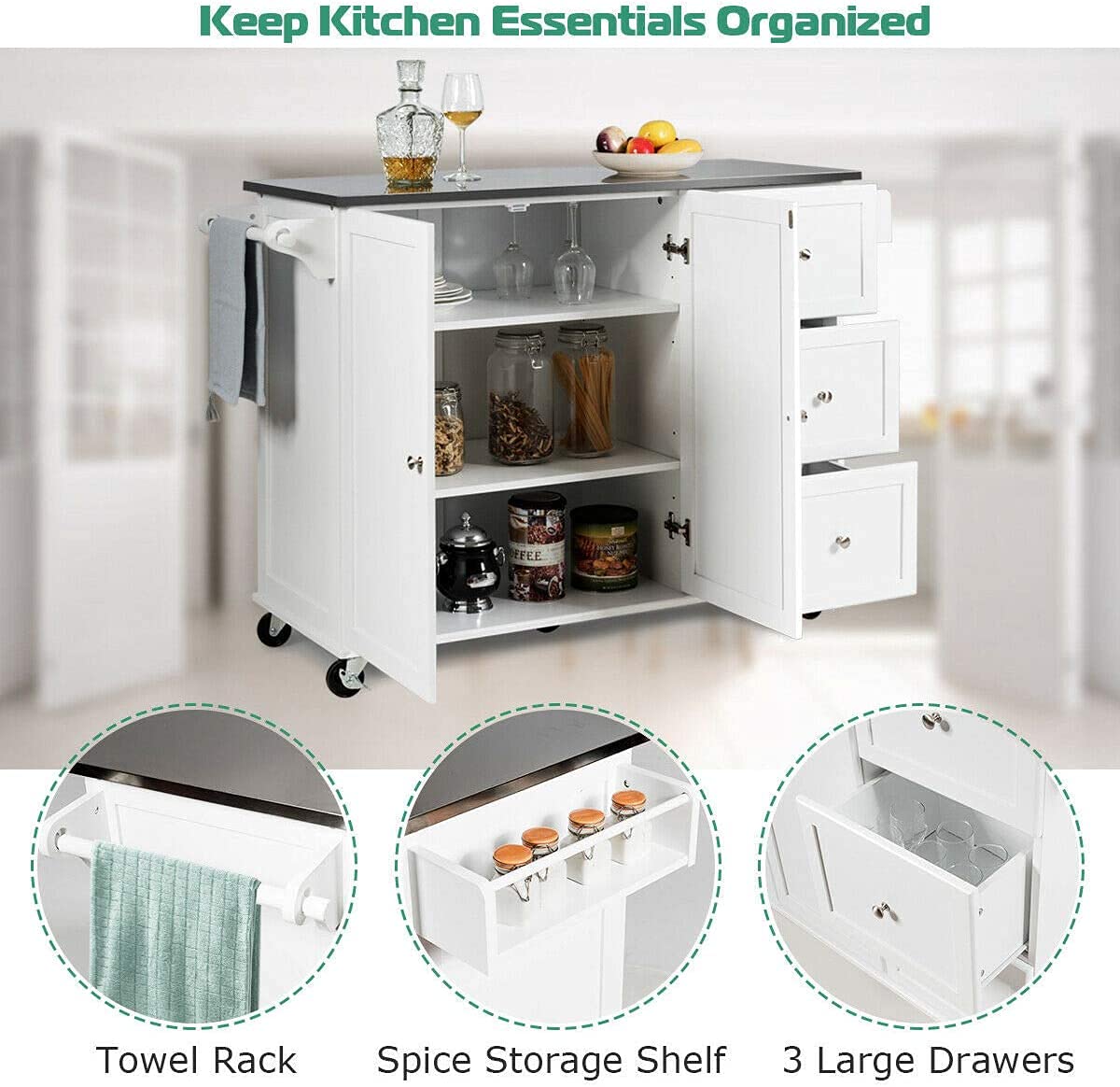 Mobile Kitchen Island Cart with Stainless Steel Top & Storage - Perfect for Small Kitchens & Dining Areas