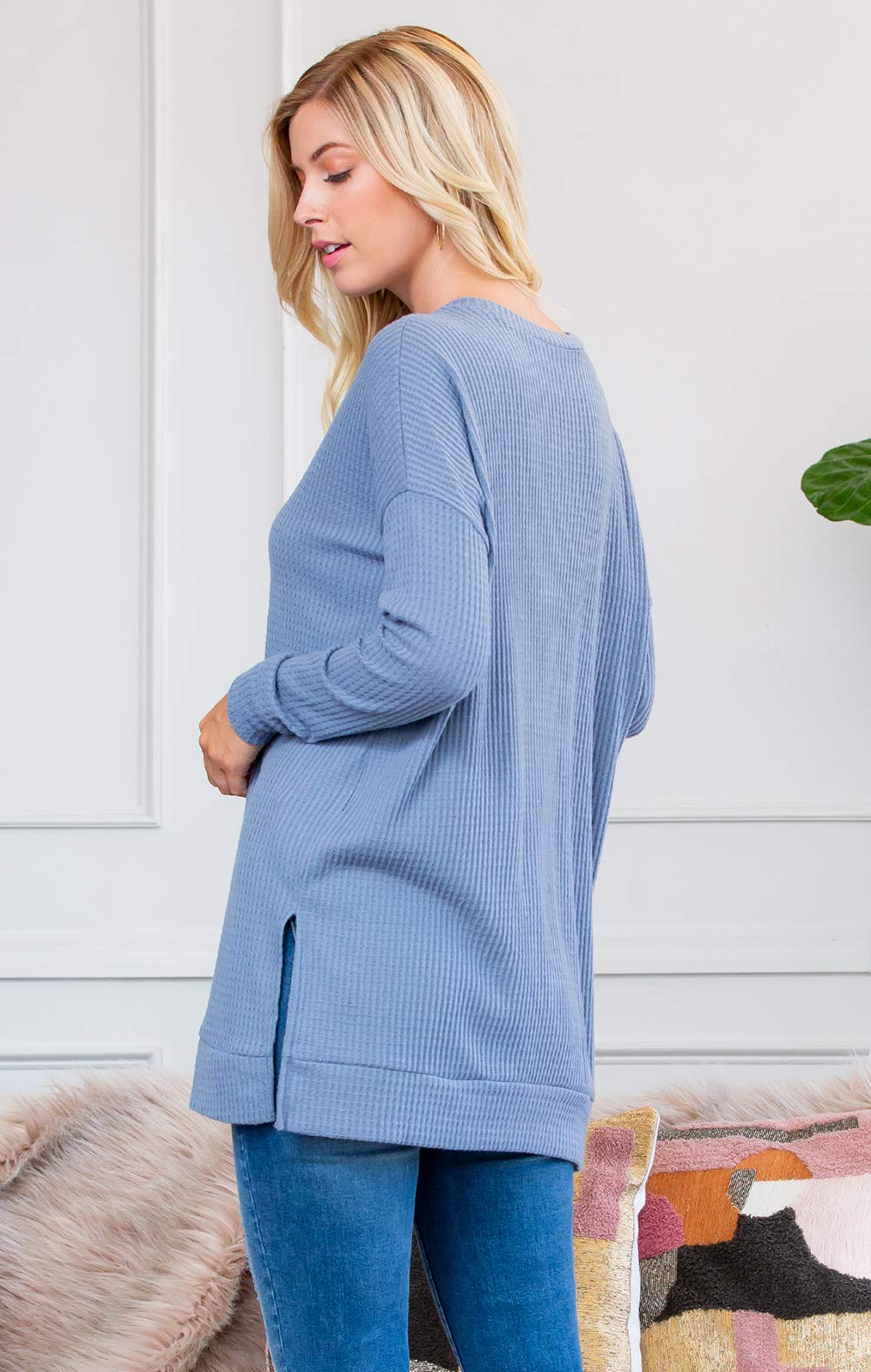 RIAH FASHION Women's Waffle Knit Henley T-Shirt Tunic - Soft Loose Fit Round Neck Long Sleeve Casual Top for Fall & Winter | Perfect for Layering, Daily Wear and Office Outfits