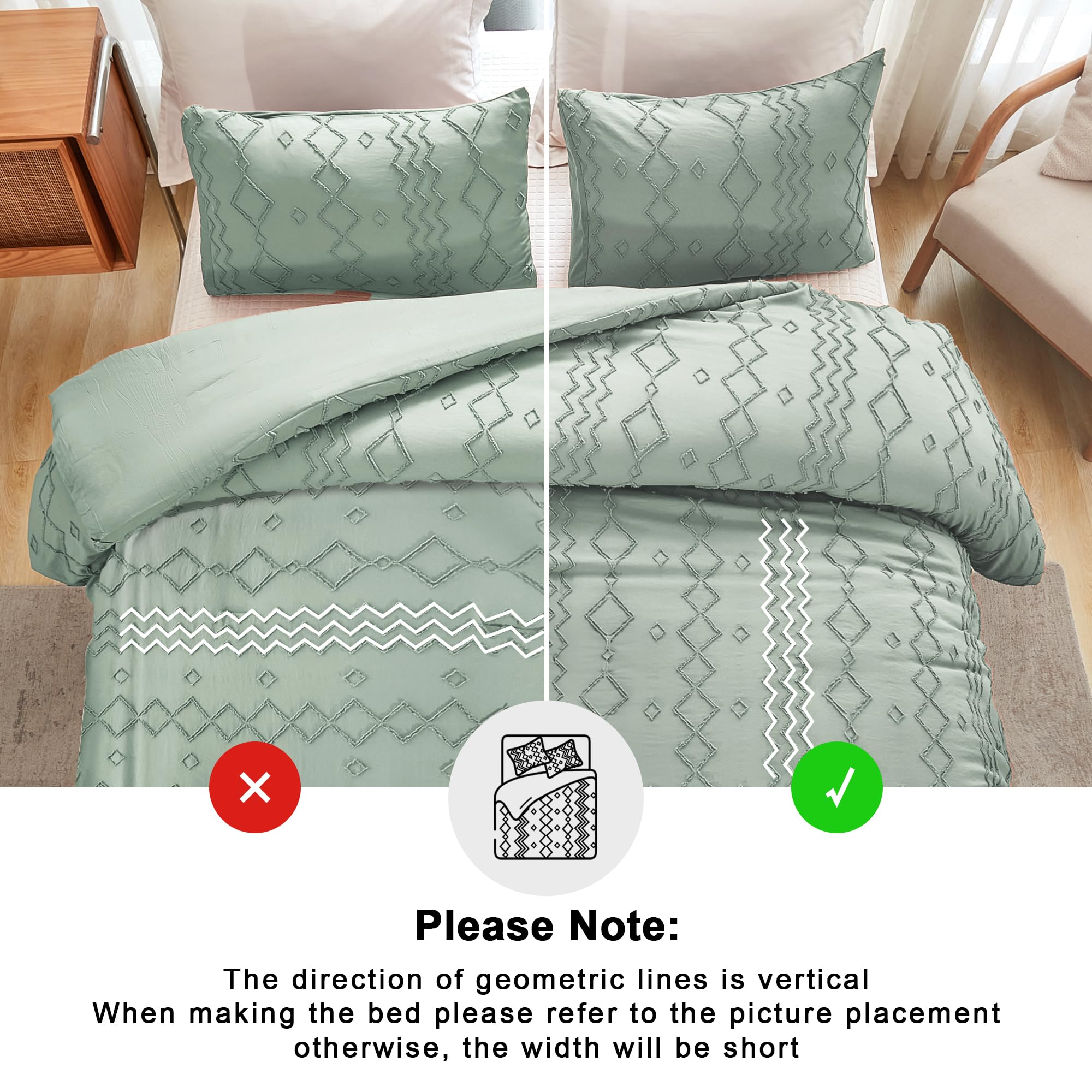 Andency Sage Green Tufted Comforter Set King Size (104x90 Inches) - 3 Piece Boho Farmhouse Bedding with Geometric Design | Soft Microfiber Down Alternative Comforter & Pillowcases | Perfect for Master Bedroom, Guest Room & Cozy Farmhouse Decor