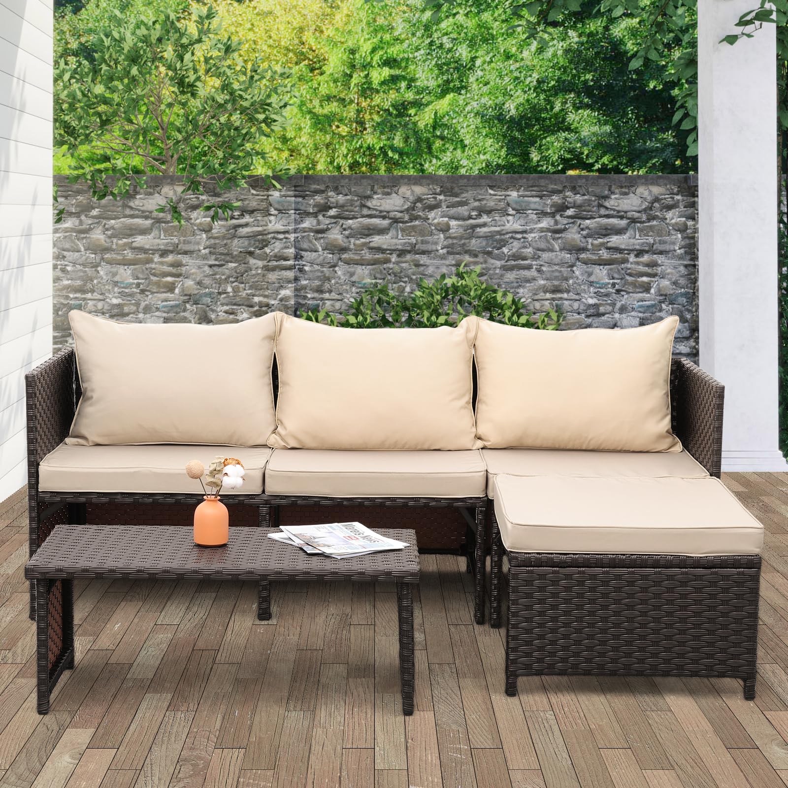 Valita 3-Piece Outdoor Patio Furniture Set - Waterproof Wicker Sectional Sofa, Loveseat & Coffee Table with Non-Slip Cushions (Khaki) - Perfect for Backyard, Garden, Poolside & Balcony Relaxation