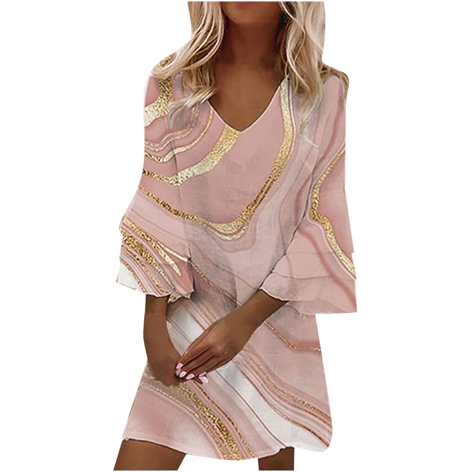 2023 Women's Summer Floral Print V-Neck 3/4 Sleeve Fold Mini Dress - Casual Sleeveless Freezer Dress for Beach Vacation, Party & Daily Wear