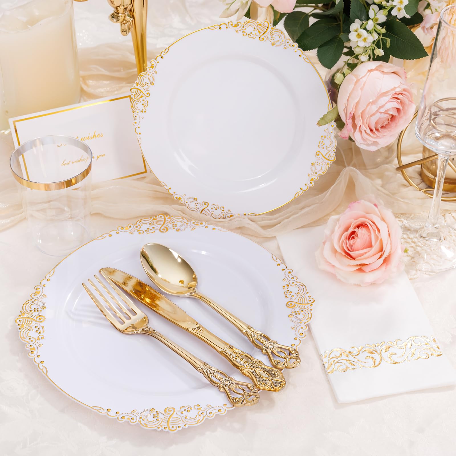 YOUBET 700-Piece Gold Plastic Dinnerware Set - Elegant White & Gold Disposable Plates (200 Plates, 300 Heavy Duty Forks/Spoons/Knives, 100 Cups & 100 Napkins) - Perfect for Weddings, Parties, Bridal Showers & Large Gatherings of 100+ Guests