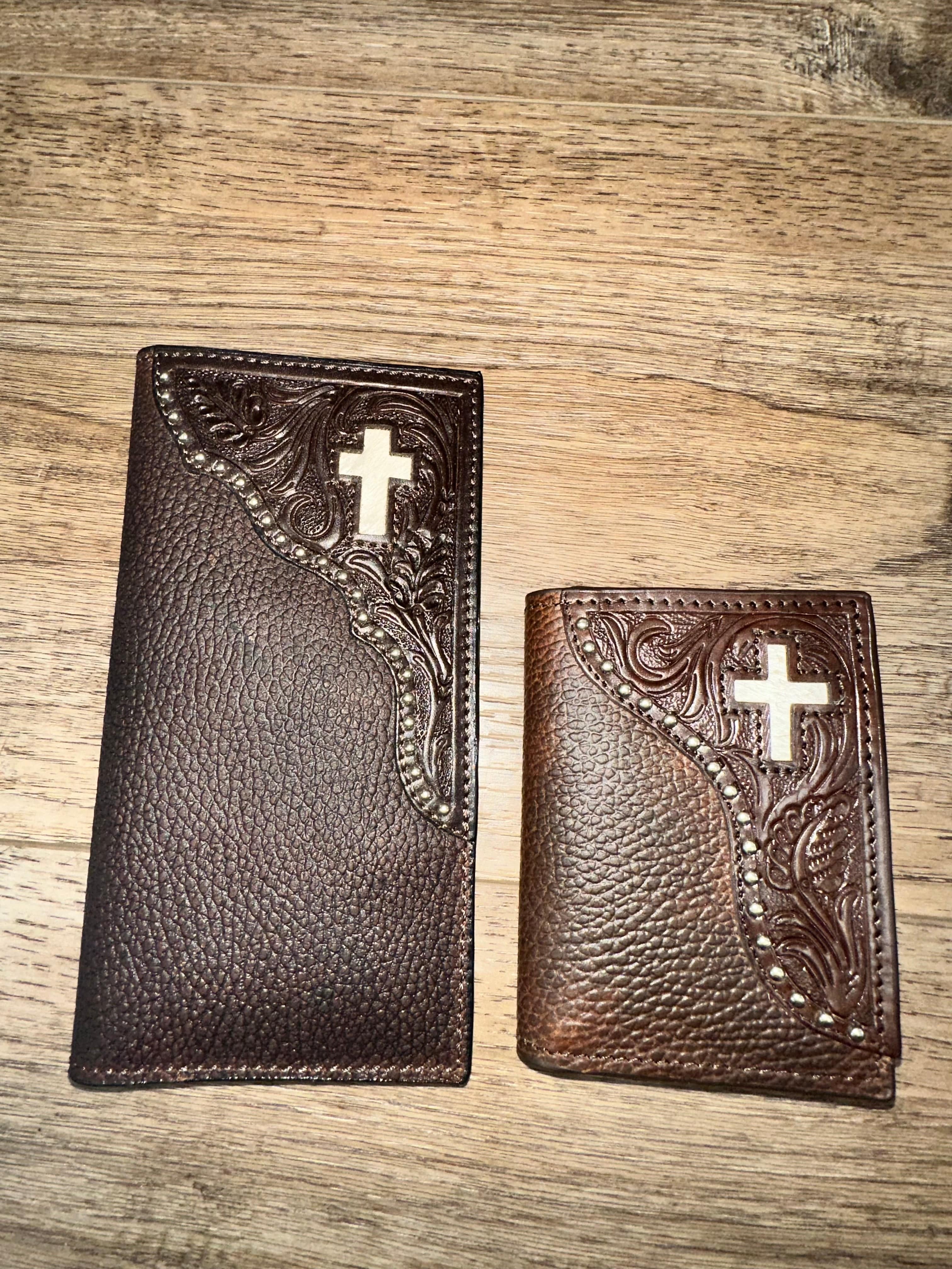 Genuine Brown Leather Wallet with Hair on Cross Design - Stylish & Durable Men's Bifold Wallet for Everyday Use & Gift Giving