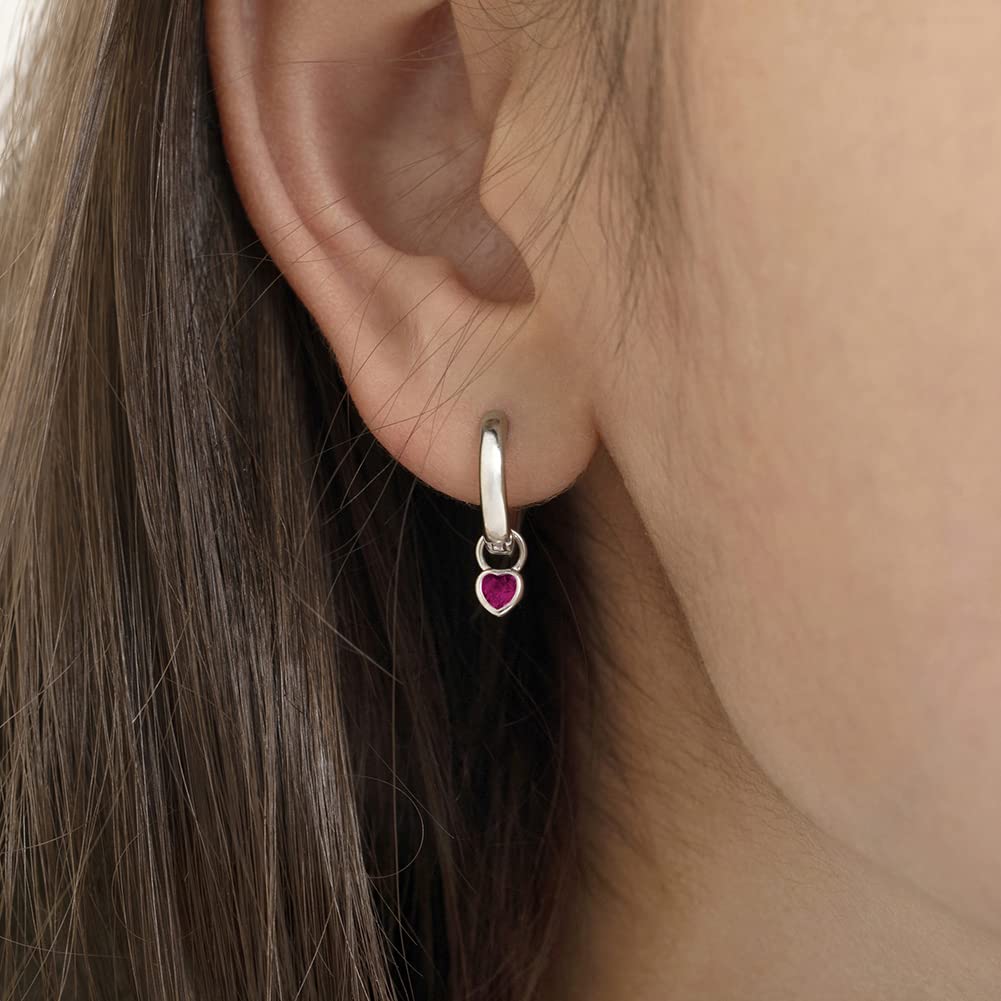 925 Sterling Silver Petite Simulated Birthstone Heart Charm Hoop Earrings for Girls 12mm - Cubic Zirconia Stud Earrings - Dainty Birthstone Jewelry for Teens & Young Women | Perfect for Birthdays, Gifts & Everyday Wear