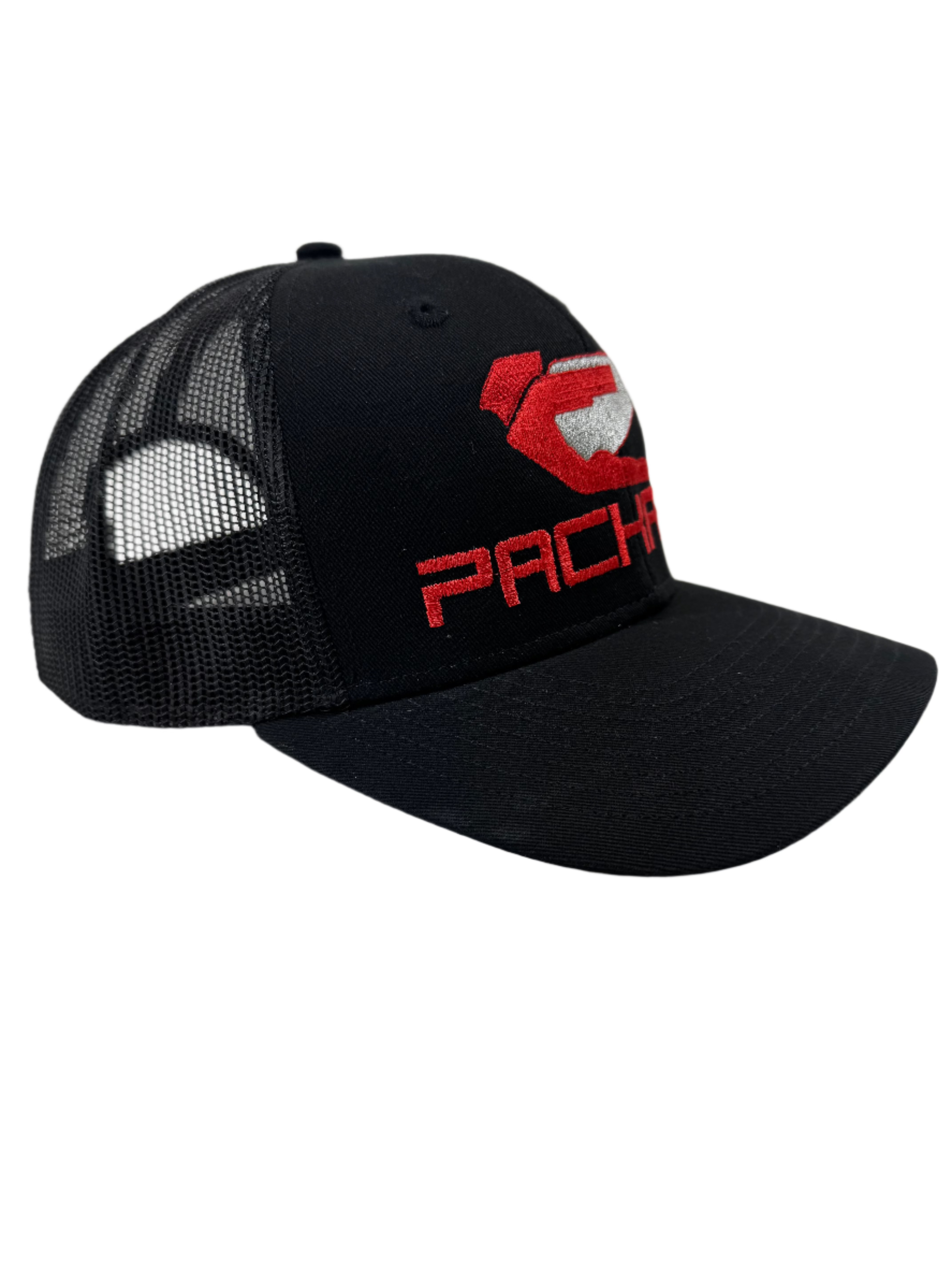 Embroidered Black Trucker Hat with Curved Brim & Red Logo - Stylish Baseball Cap for Men & Women - Perfect for Outdoor Activities, Sports, and Casual Wear