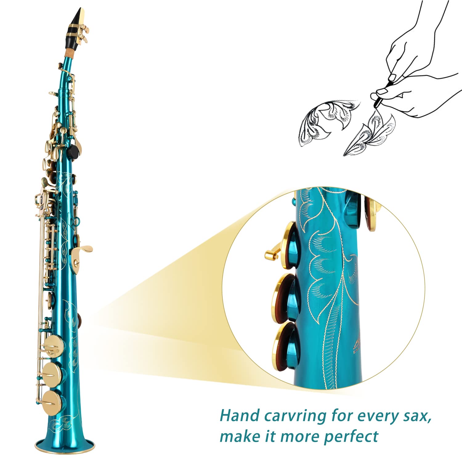 EASTROCK Bb Soprano Saxophone - Professional Straight Sax Instrument for Beginners & Intermediate Players with Carrying Case, Mouthpiece, Pads, Reed, Cleaning Kit, Neck Strap & White Gloves (Lake Blue) | Perfect for School Bands, Jazz Ensembles & Solo Practice