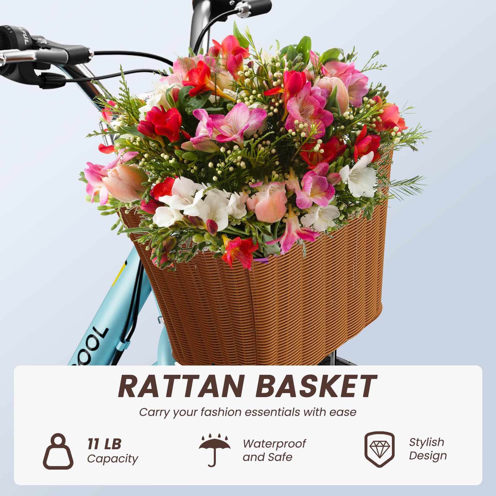 DoCred Women's 7-Speed Cruiser Bike - 24/26 Inch Step-Through City Bicycle with Rattan Basket & Rear Rack - Comfortable Commuter & Beach Cruiser for Women Adults - Perfect for Urban Riding, Weekend Errands & Coastal Leisure