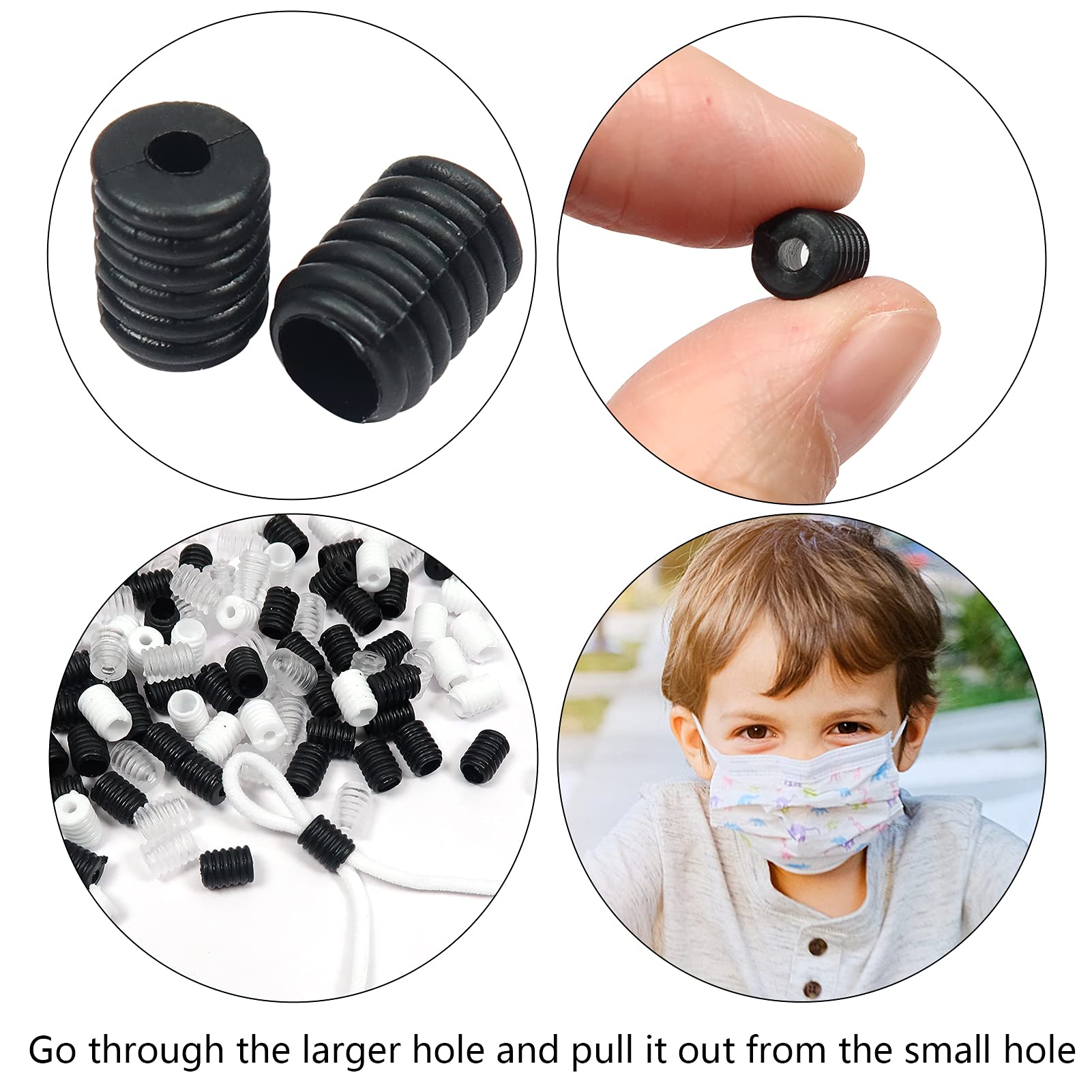 300 Pcs Adjustable Cord Locks - Black/White/Clear No-Slip Elastic Cord Tighteners, Drawstring Stoppers & Lanyard Buckles with Steel Wire for Outdoor Gear, Bags & DIY Projects