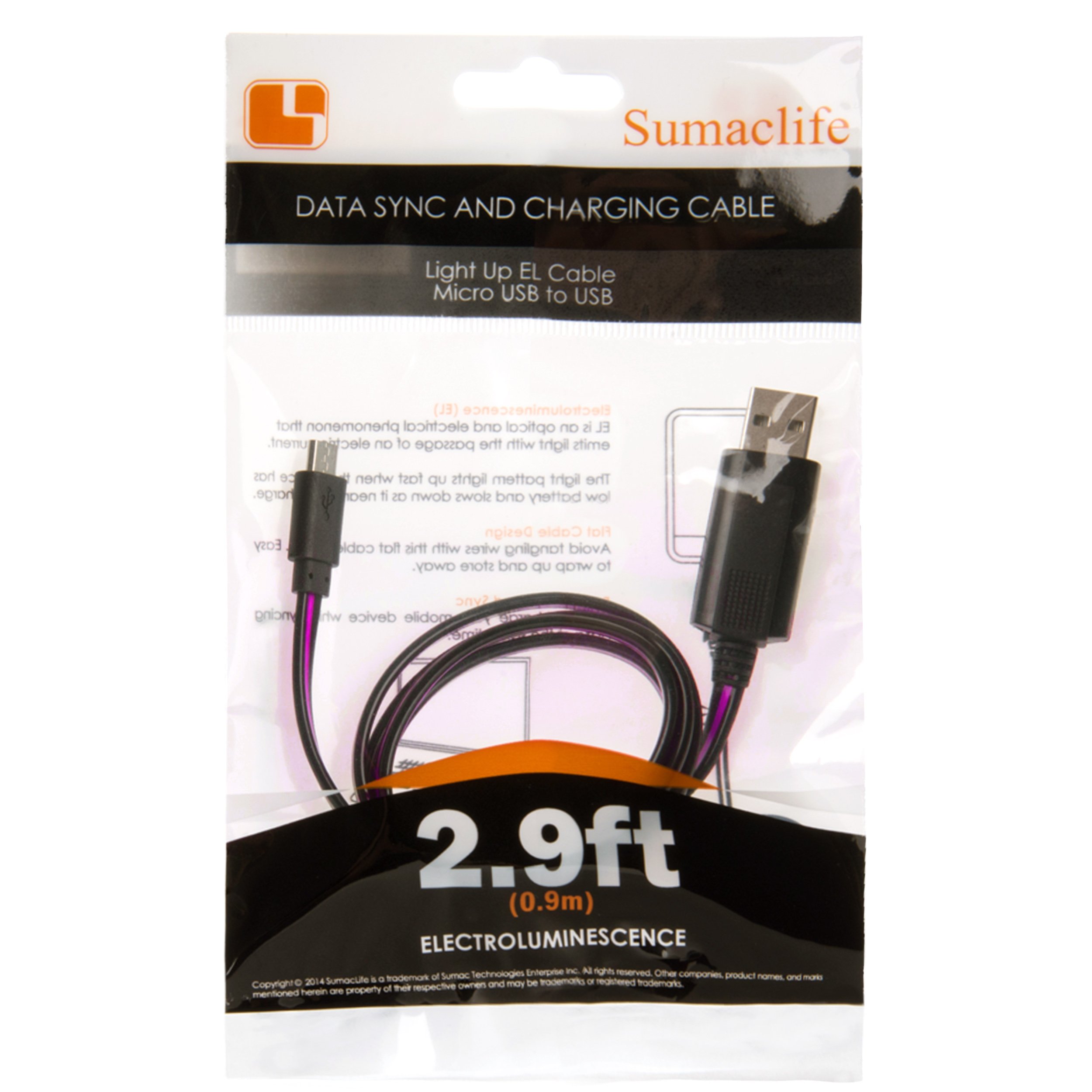 SumacLife Electroluminescent Lightning Sync & Charge Micro USB to USB Cable 2.9ft - Glow in The Dark Charging Cord for Phones, Tablets, Gaming Devices - Perfect for Night Use, Parties & Travel Accessories