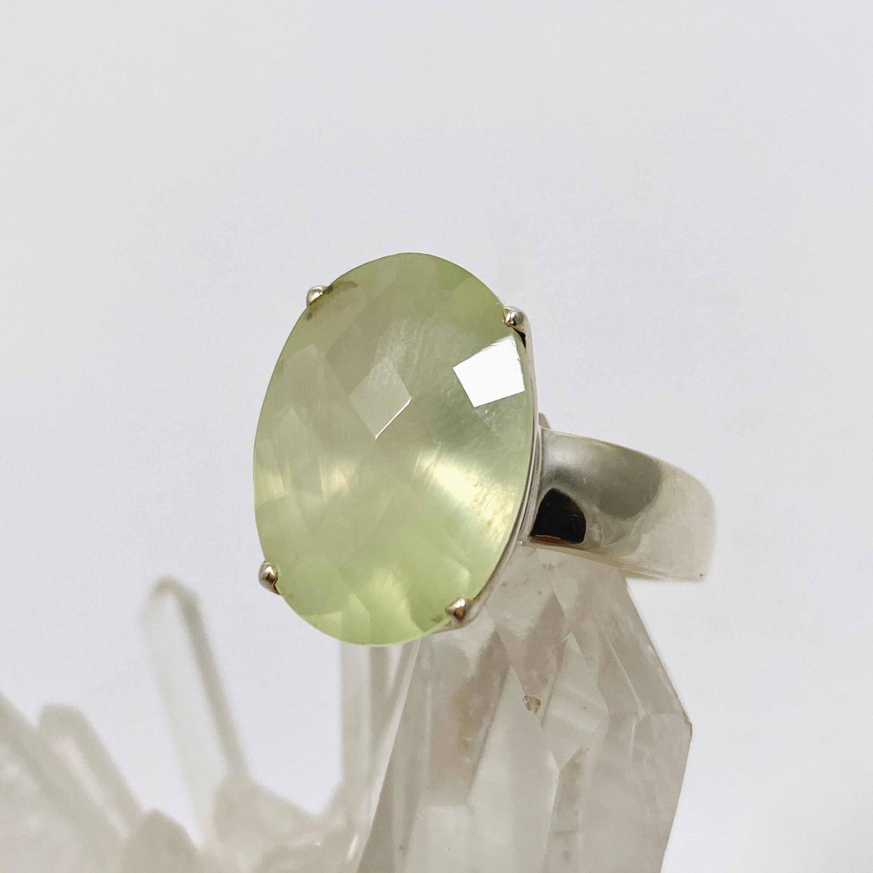 Prehnite Oval Checkerboard Faceted Ring Size 8 - Dainty Gemstone Jewelry for Women - Perfect for Everyday Wear, Gift Giving & Special Occasions
