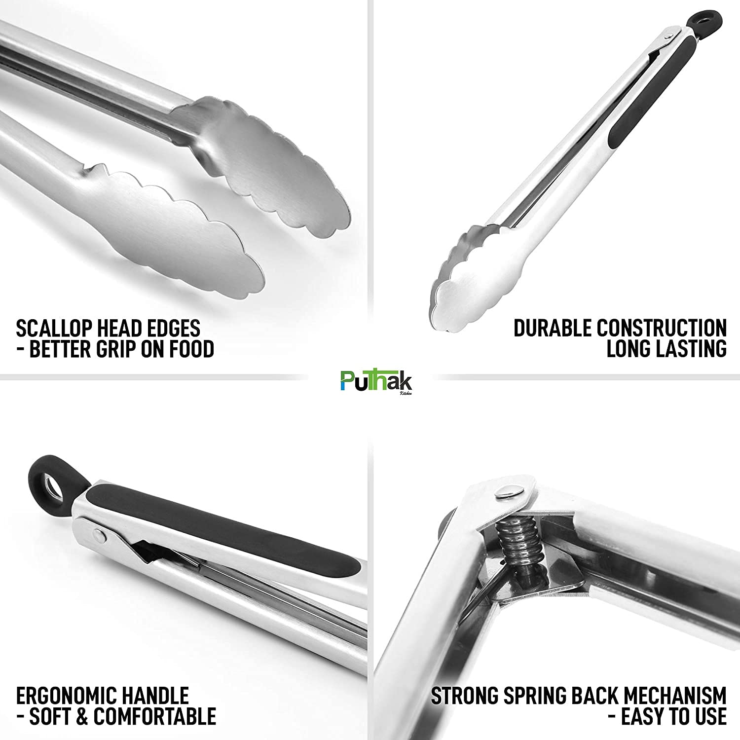 10 Inch Stainless Steel Kitchen Tongs with Scallop Head Edge - Heavy Duty BBQ Grill Tongs with Lock & Easy Grip - Perfect for Cooking, Grilling, Serving Salads & Outdoor Barbecues