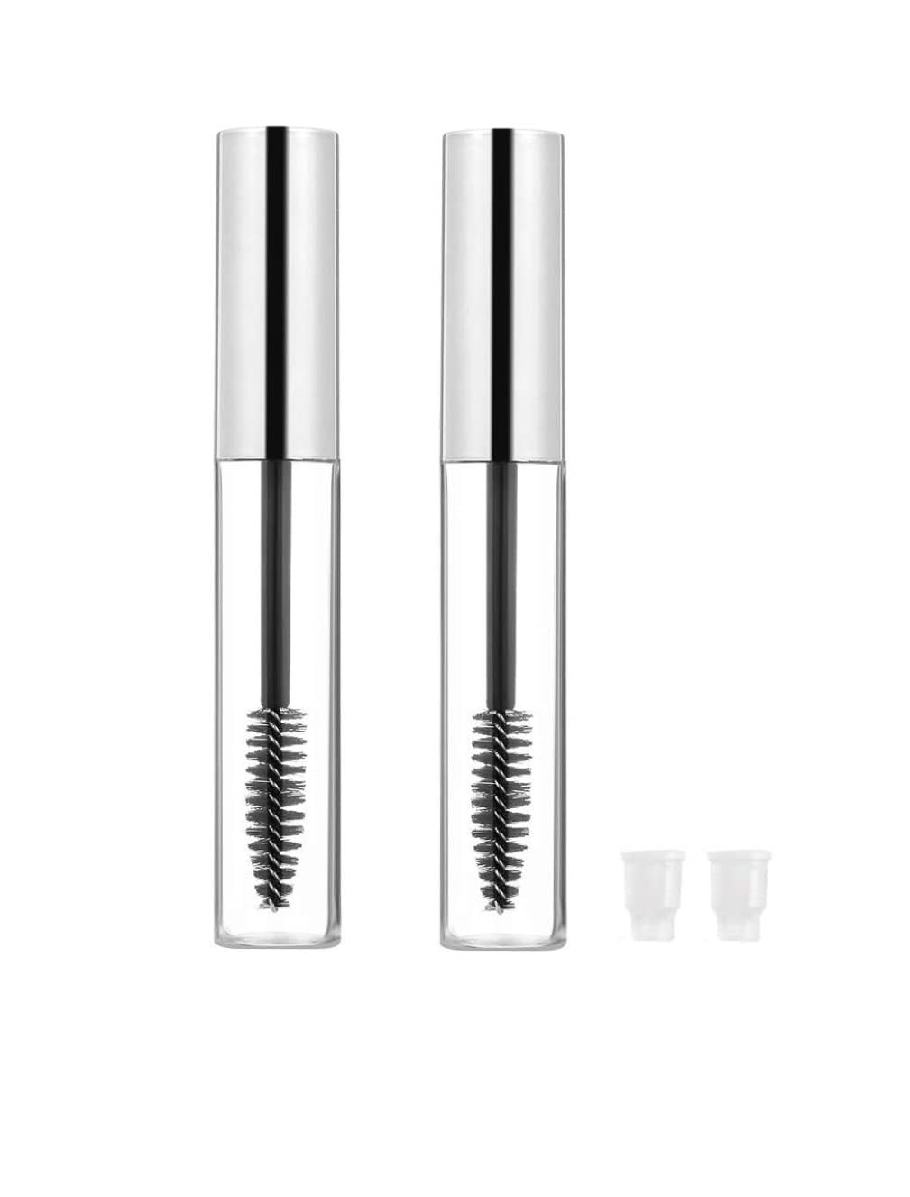 RAJry 2 Pack 10ml Empty Mascara Tubes with Wands - Refillable Eyelash Cream Containers with 2 Rubber Inserts (Silver) - Perfect for DIY Makeup, Travel & Salon Use