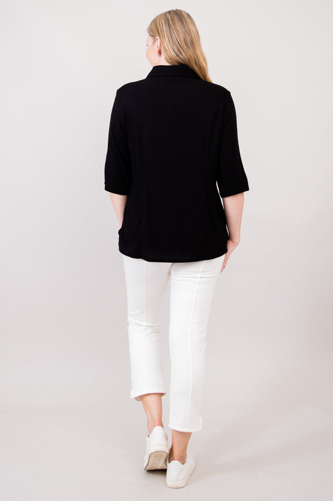 Lorine Blouse Women's Linen Bamboo Blend Black Top - Elegant Casual Shirt for Office, Date Night & Summer Outfits
