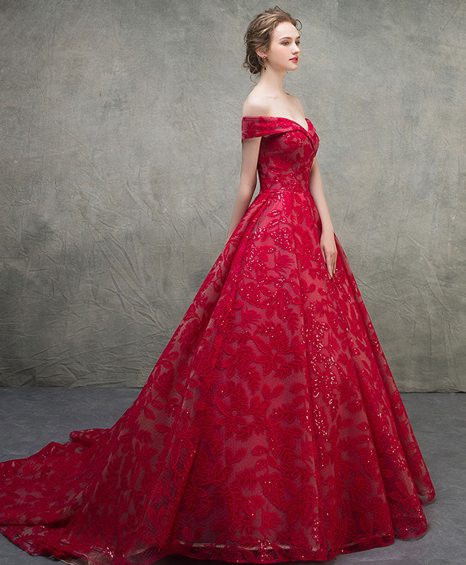 Elegant Red Off Shoulder Lace Long Prom Dress | Formal Evening Gown for Women | Perfect for Homecoming, Prom Night & Special Occasions