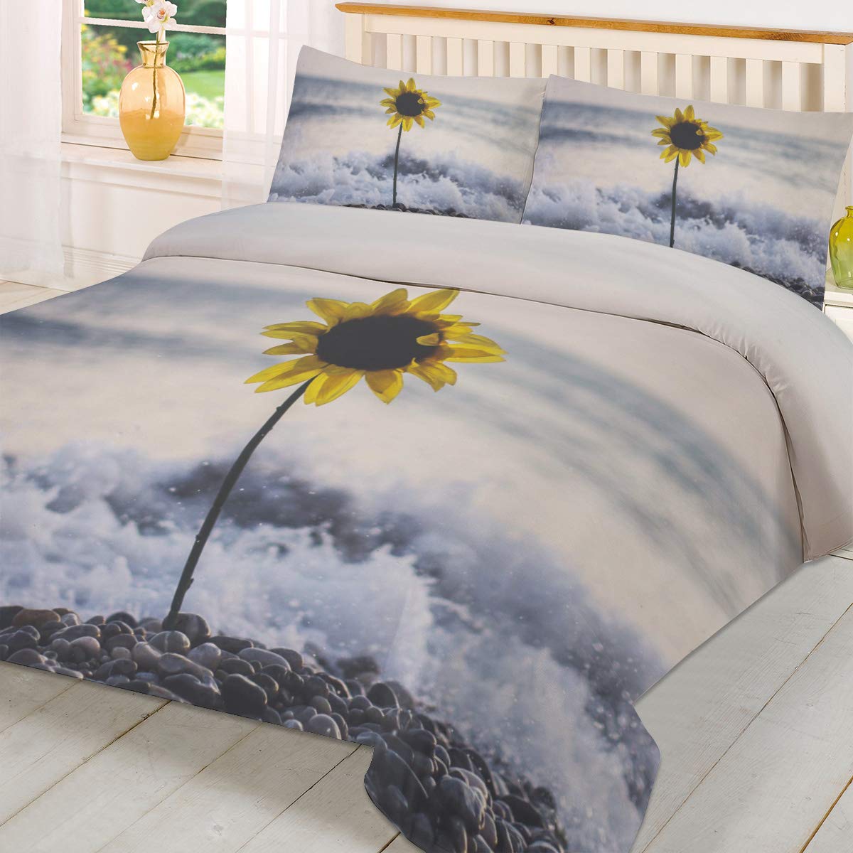 FAMILYDECOR 100% Washed Microfiber Duvet Cover Set - 3 Piece Luxury Soft Bedding Set | Ultra Soft Organic All Season Comforter Cover for Queen Size Bed | Perfect for Home, Hotel & Beach House Decor (Sunflower Design)