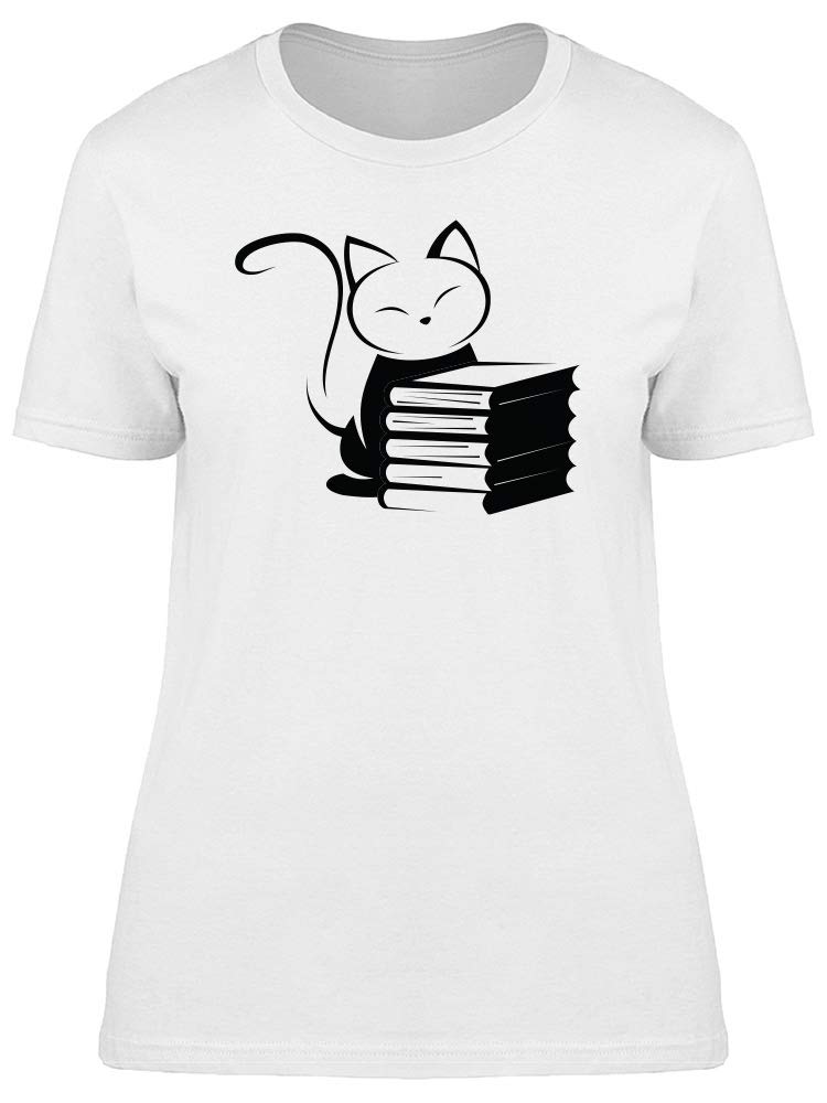Stylish Women's Cute Cat with Books Graphic T-Shirt - Perfect for Casual Wear, Book Lovers & Cat Enthusiasts