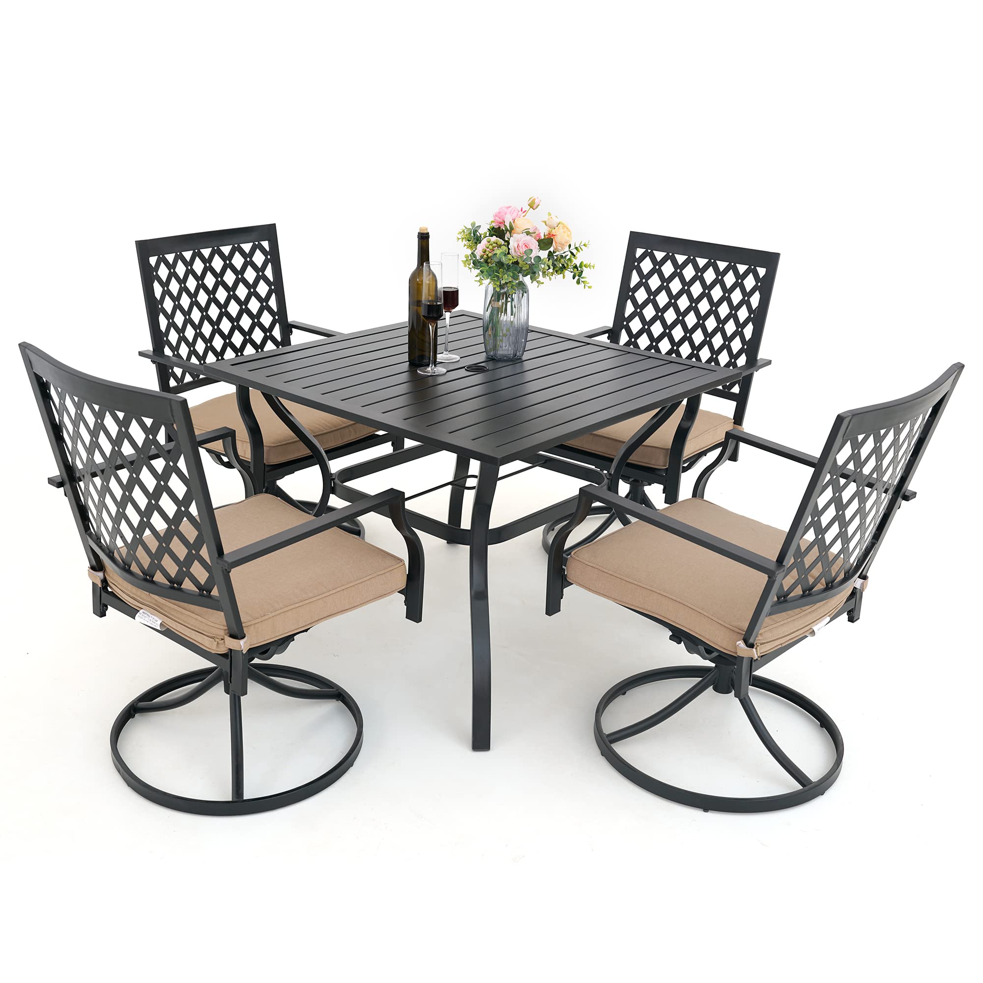 MEOOEM 5-Piece Outdoor Patio Dining Set - 4 Swivel Chairs & 1 Umbrella Table - Durable Metal Garden Furniture for Backyard, Poolside, Deck - Perfect for Outdoor Entertaining & Relaxation - Black