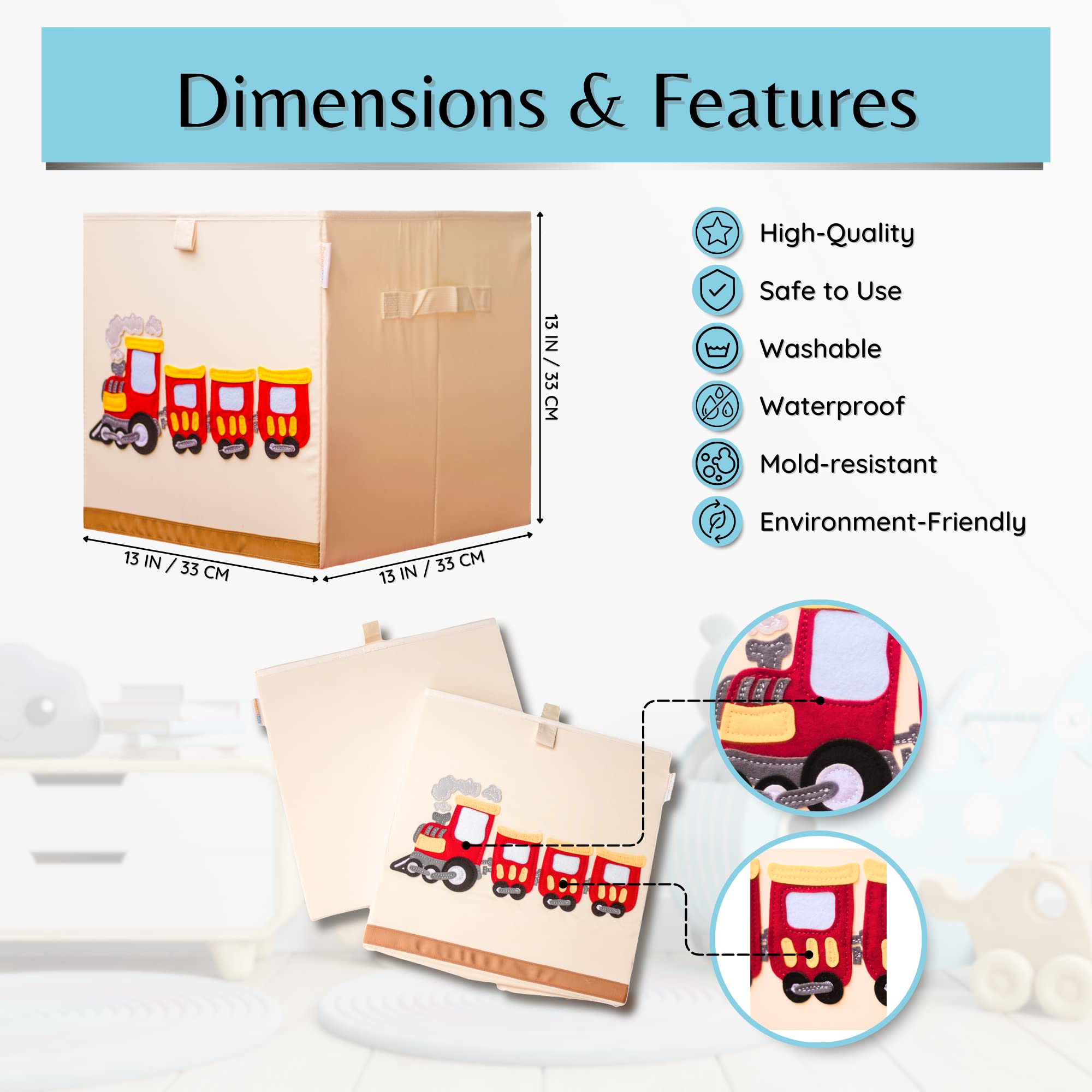 Washable Canvas Toy Storage Cube Organizer - Foldable 13x13x13 Inch Toy Box for Kids Bedroom & Playroom | Train Design | Perfect for Organizing Stuffed Animals, Legos & Playroom Toys