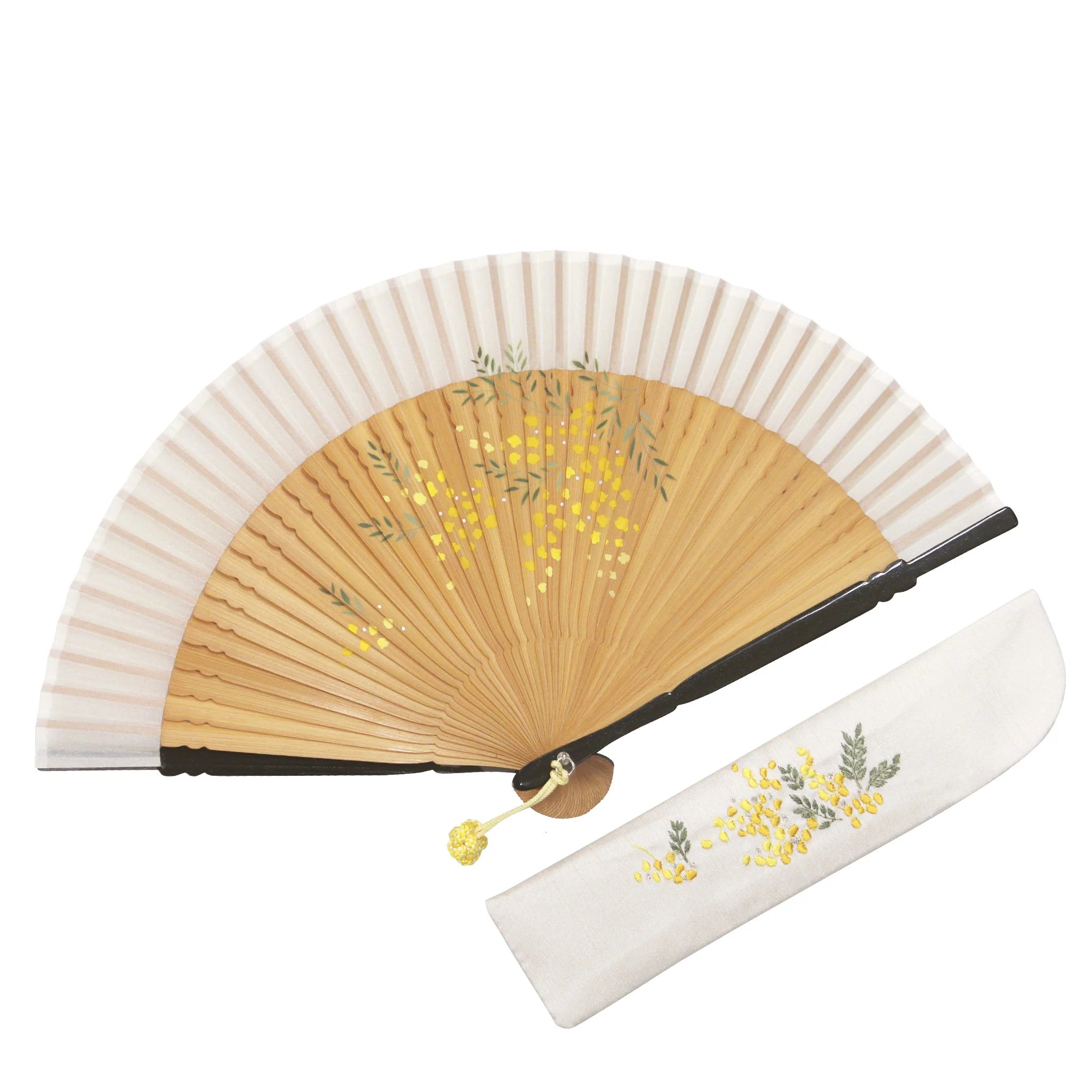 Japanese Sensu Folding Fan for Women - Elegant Mimosa Design Hand Fan for Summer, Travel, and Traditional Events