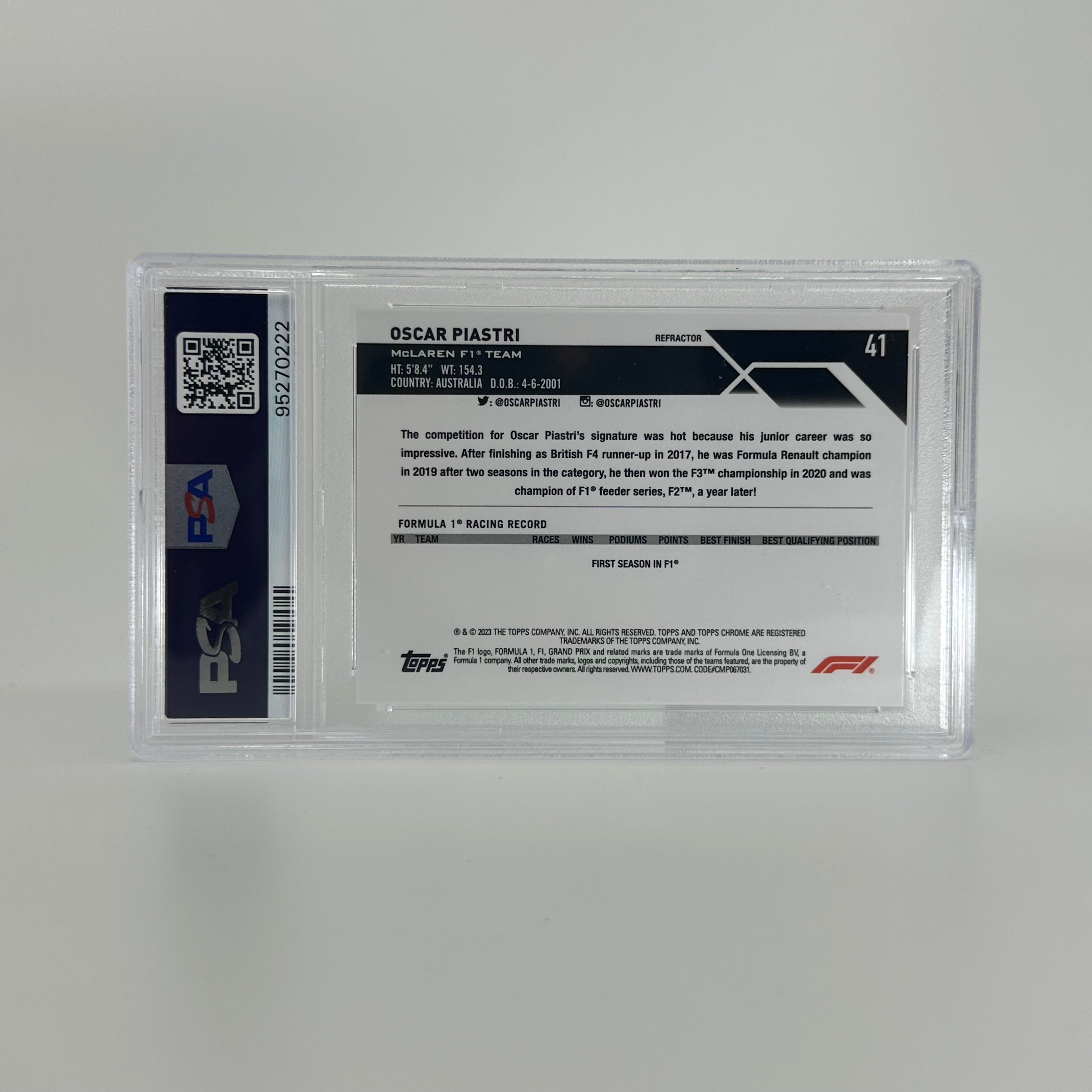 2023 Topps Chrome Oscar Piastri #41 PSA 10 Refractor Rookie Card - Perfect for Collectors, Sports Memorabilia Displays & Investment