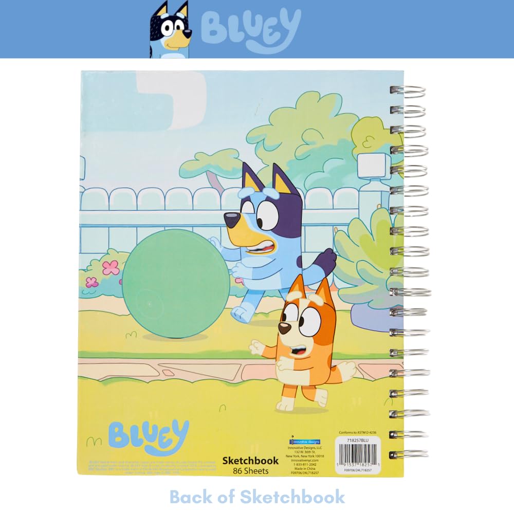 Bluey Sketchbook for Kids with Washable Markers - 86 Blank Pages Spiral Bound Drawing Notebook | Creative Art Supplies for Children | Perfect for School, Travel & Birthday Gifts