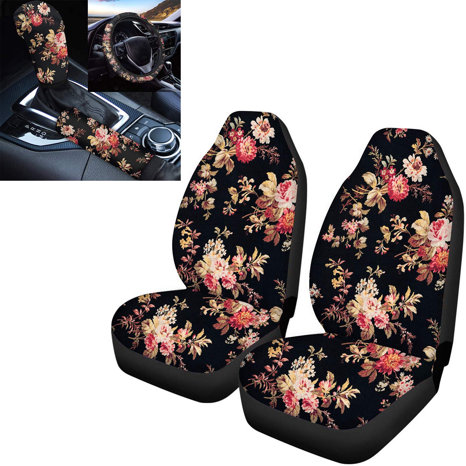 Vintage Floral Car Seat Covers Set with Steering Wheel Cover, Handbrake & Gear Shift Cover - Universal Fit for Sedan, SUV, Truck - Perfect for Women's Car Interior Decor & Comfort