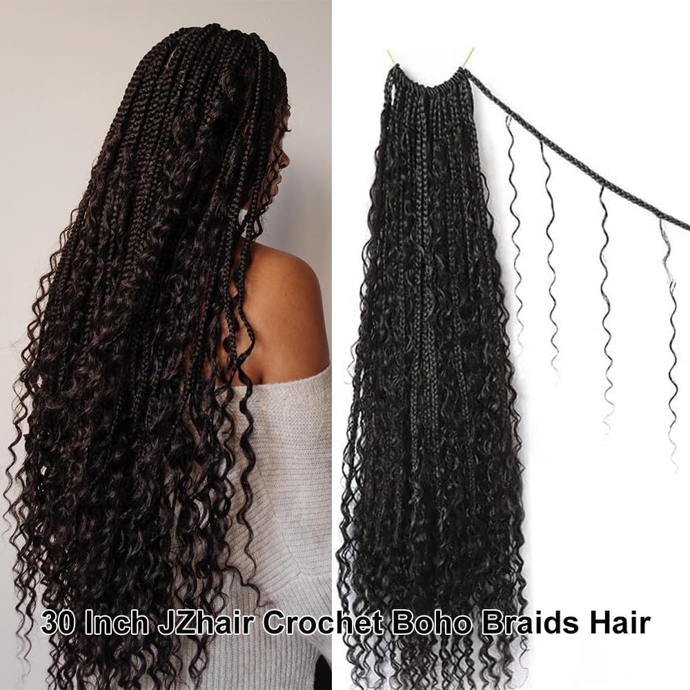 Pre-Looped Crochet Boho Box Braids with Human Hair Curls - 18 Inch Natural Color Hair Extensions for Women (2 Pack, 80 Strands) - Perfect for Protective Styling, Everyday Wear & Special Occasions