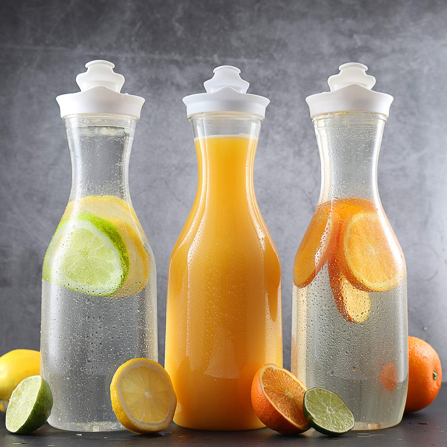 DilaBee 50 Oz Plastic Water Carafe with Lids - BPA-Free Food Grade Drink Pitcher for Juice, Milk, Smoothie, Iced Tea - Perfect for Mimosa Bar, Fridge Storage & Party Serving (3 Pack, Not Dishwasher Safe)