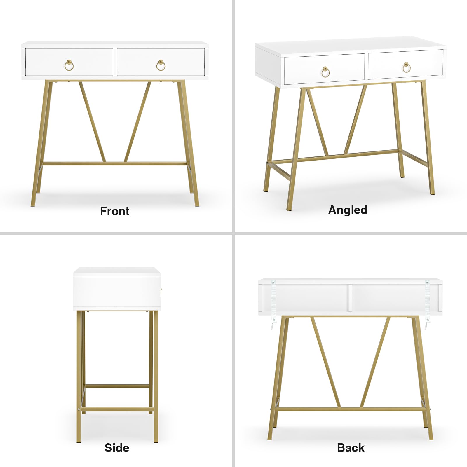 Anmytek 35.4 Inch Modern White Home Office Desk with 2 Drawers & Golden Legs - Study Writing Computer Makeup Vanity Table for Small Spaces, Dorm Room, Bedroom Workspace (Model D0002)