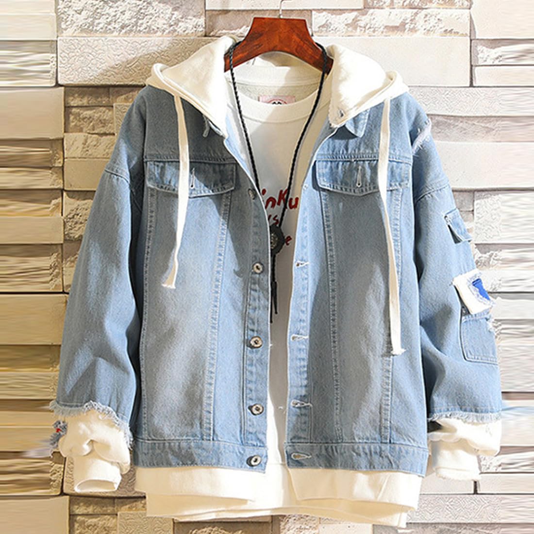 Tokyo Costume Women & Men Trucker Jacket - Classic Ripped Slim Fit Denim Jacket with Distressed Holes | Kaneki Hooded Jacket for Cosplay & Streetwear Fashion | Perfect for Halloween, Anime Conventions & Casual Outfits
