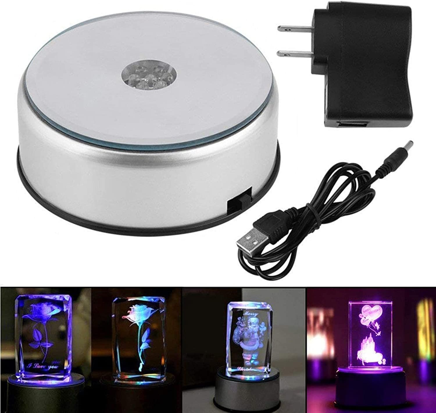7 LED Light Stand Turntable Night Light - Rotating Display Base for Laser Crystals & Colored Le-neon Crystals (Silver) | Perfect for Home Decor, Meditation Spaces & Crystal Healing Displays