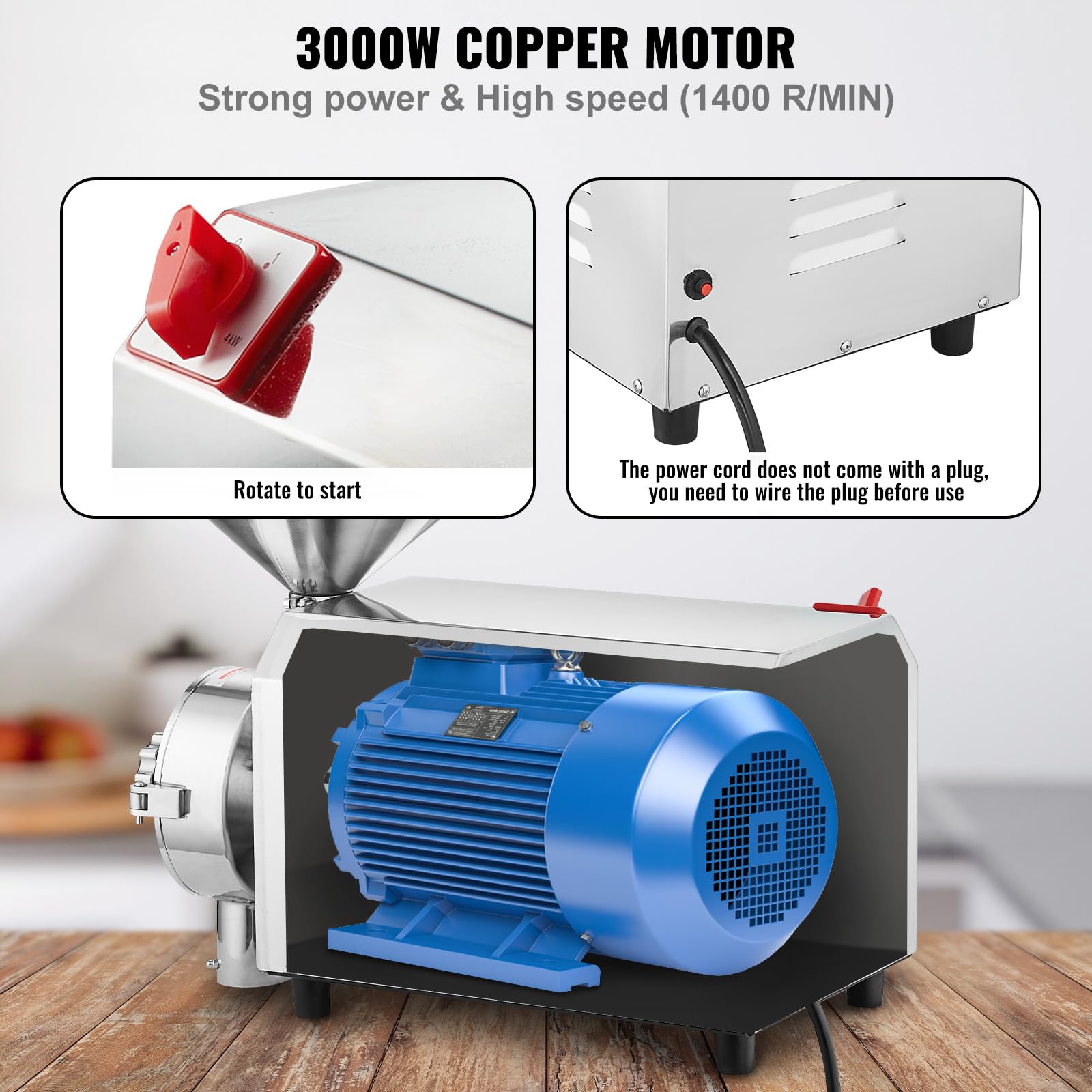 VEVOR 3000W Commercial Soybean Grinder - Stainless Steel Corn Mill Machine for Spices, Peanuts, Grains (100 KG/H) - Perfect for Restaurants, Bakeries & Home Flour Milling