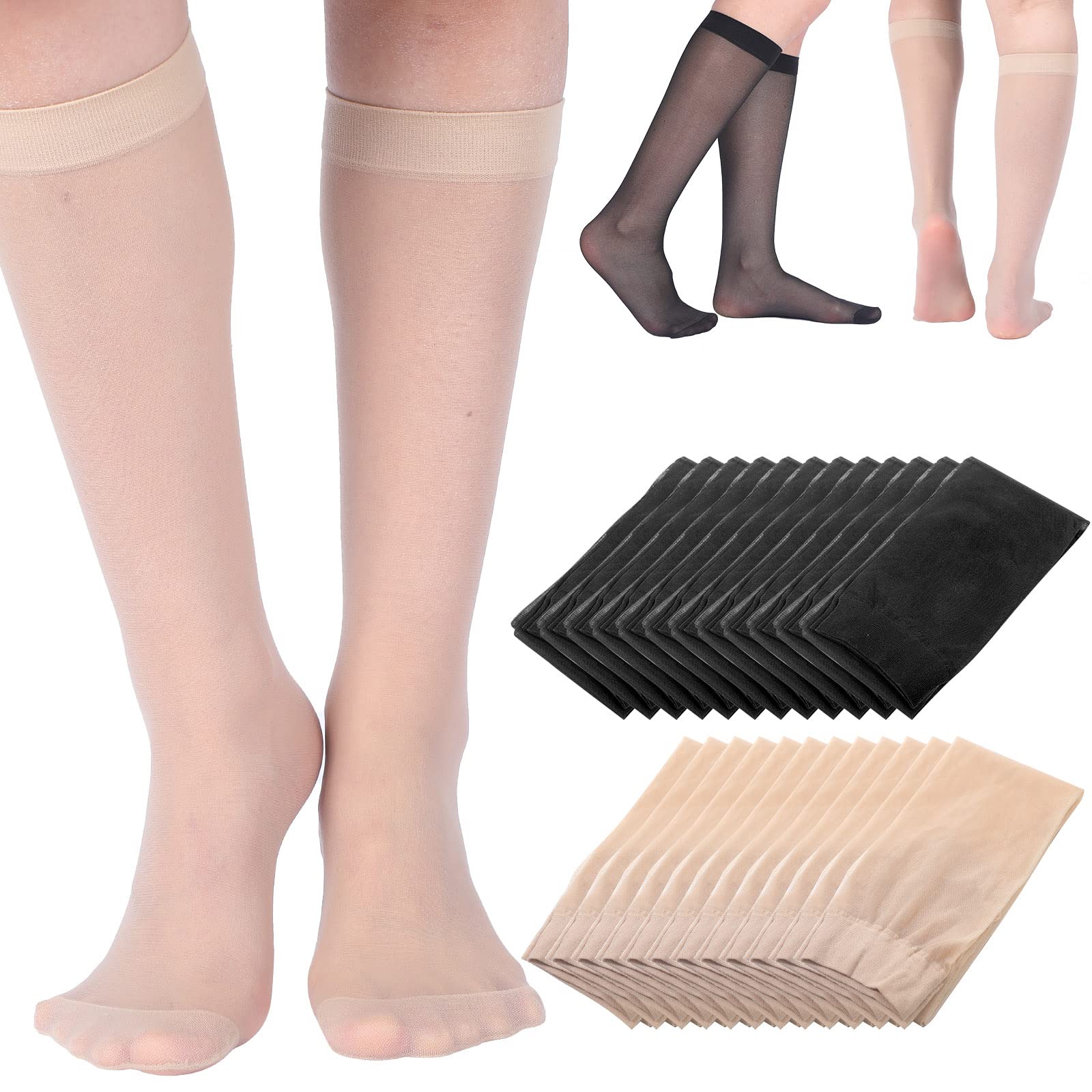24 Pairs Sheer Knee High Stockings for Women - Reinforced Toe, Opaque Nude Tights - Office & Daily Wear