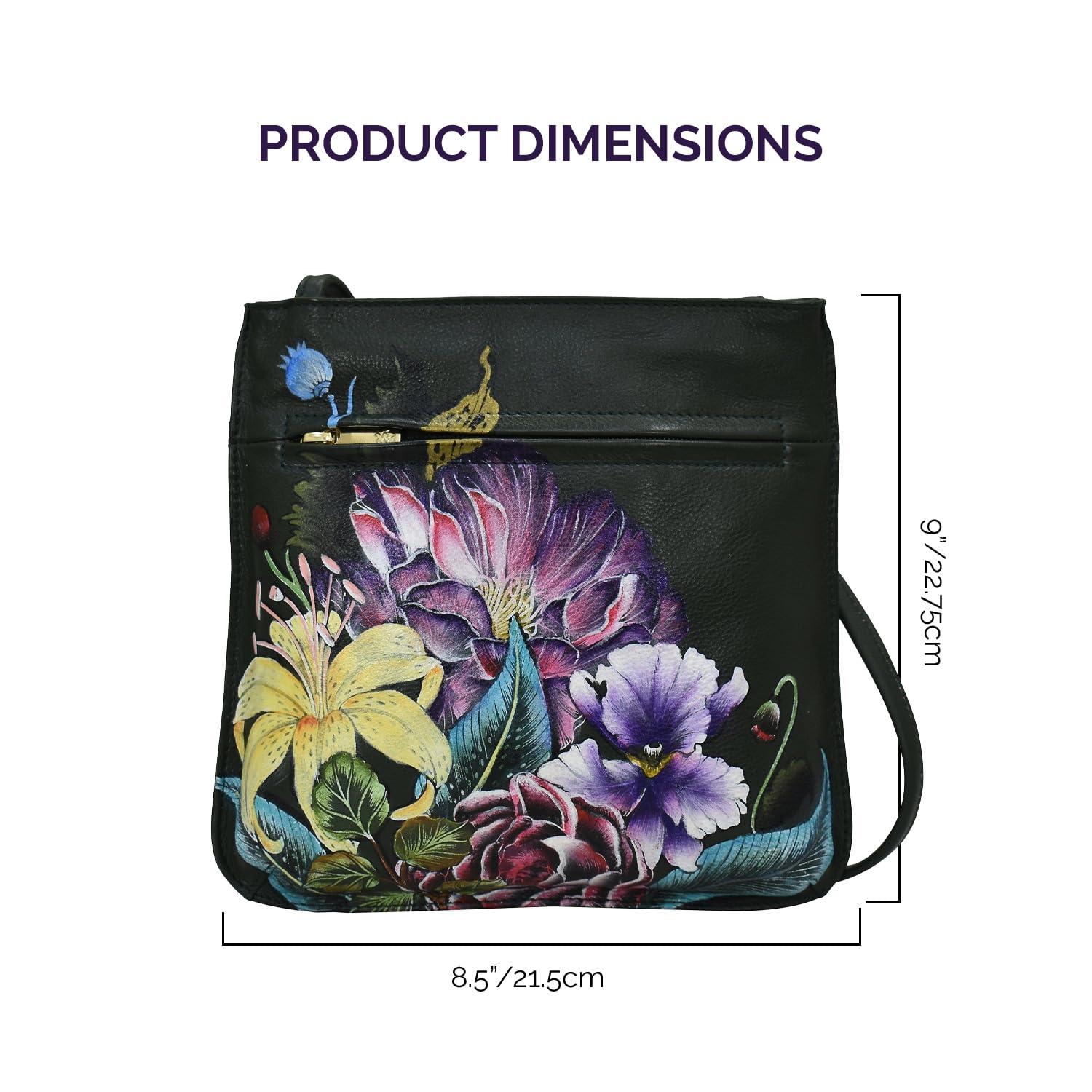 Anuschka Hand-Painted Genuine Leather Crossbody Purse for Women - Slim Front Zip Closure Shoulder Bag - Perfect for Work, Travel & Everyday Use