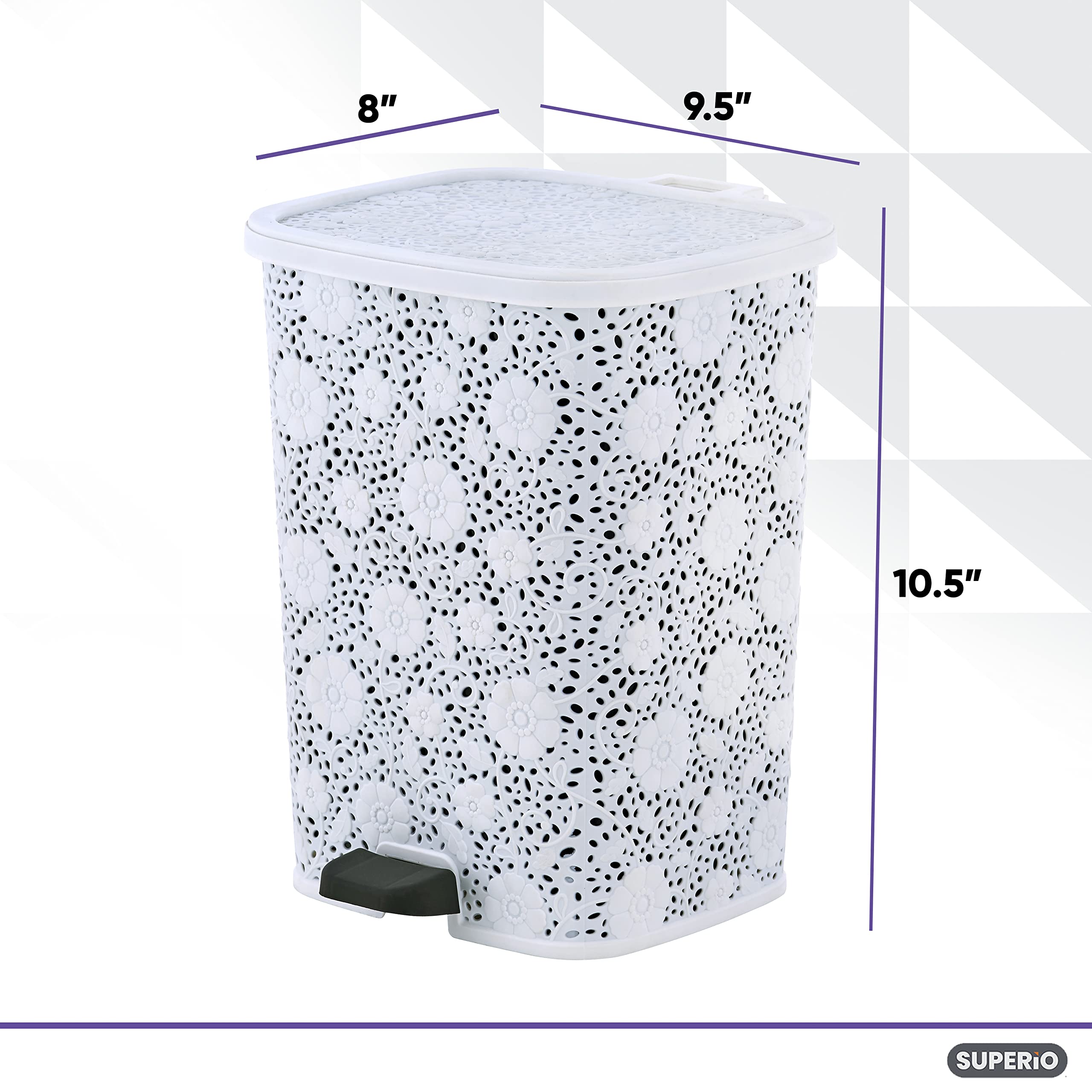 Superio Mini 1.5 Gallon Small Trash Can with Foot Pedal - Slim Plastic Waste Basket with Lid - White Lace Bathroom & Kitchen Garbage Bin - Perfect for Office, Bedroom, Patio & Under Desk Use