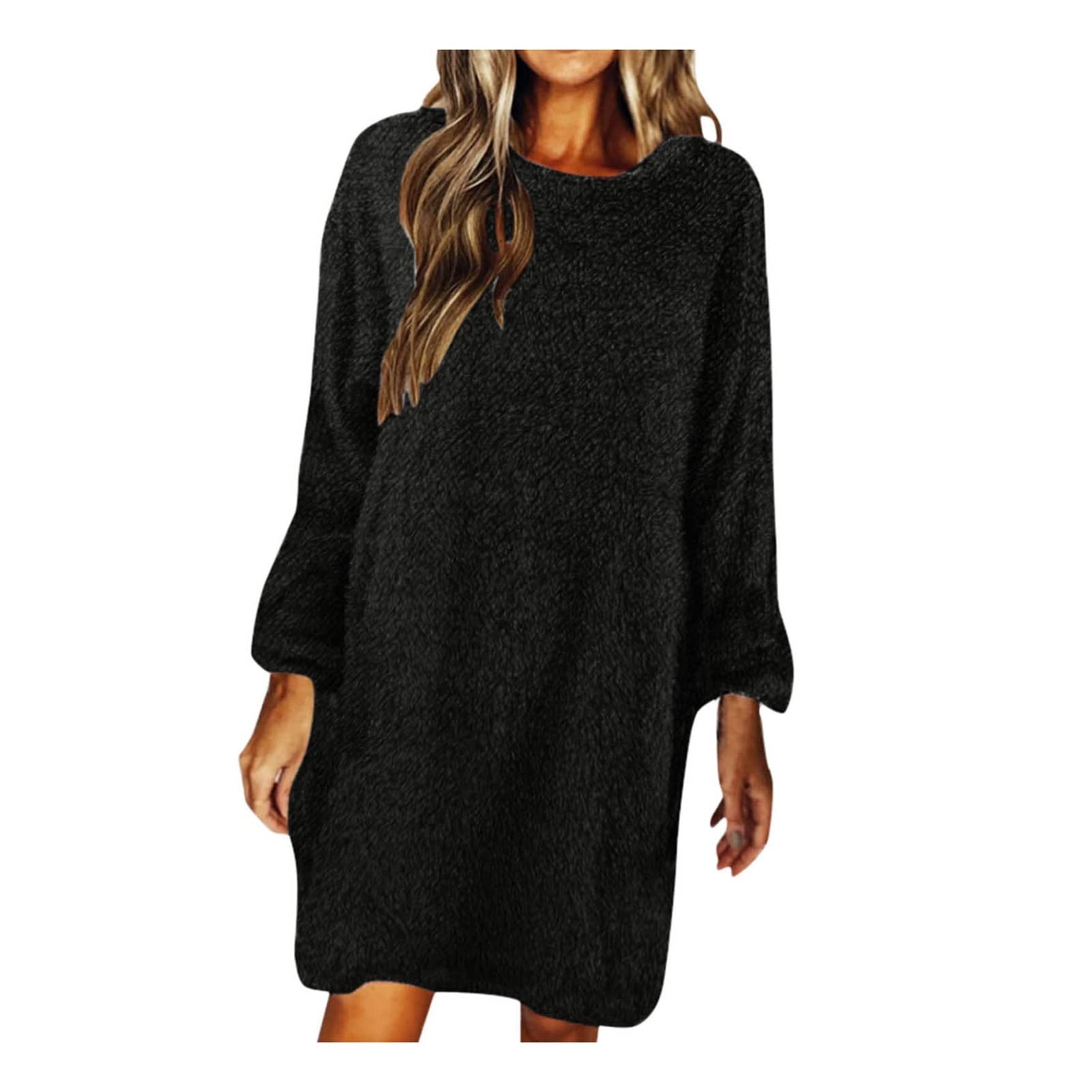 Women's Knitted Midi Dress - Solid Color Loose Plush Sweater Dress with Long Sleeves | Casual & Party Wear for Fall & Winter | Perfect for Office, Date Night & Holiday Gatherings