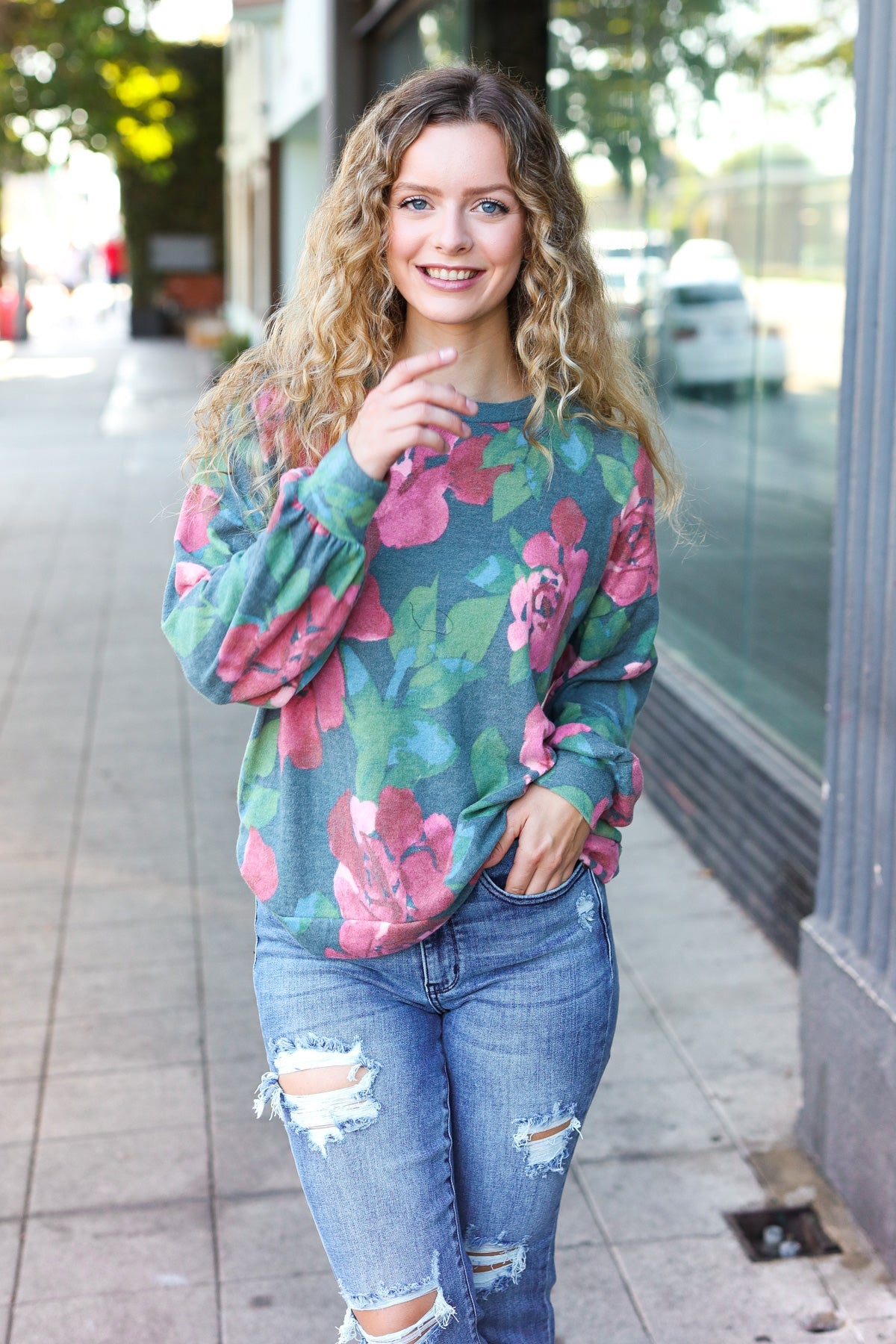Everyday Hunter Green Floral Brushed Hacci Sweater Top for Women - Cozy Casual Knit Pullover for Fall & Winter Outfits | Perfect for Office, Dates & Weekend Wear