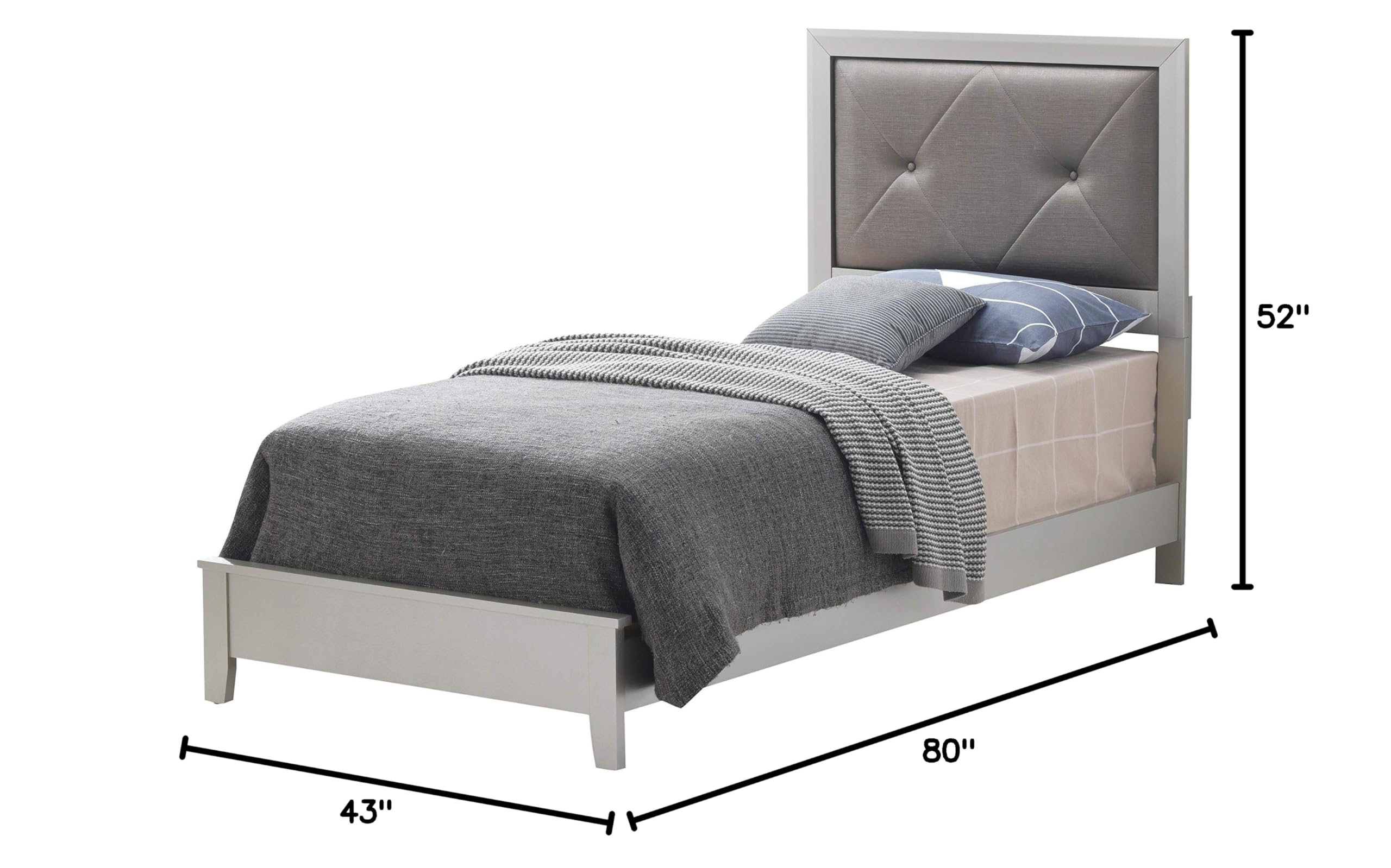 Glory Furniture Primo Twin Panel Bed in Silver Champagne - Modern Platform Bed Frame with Upholstered Headboard - Perfect for Guest Rooms, Kids Rooms & Small Spaces