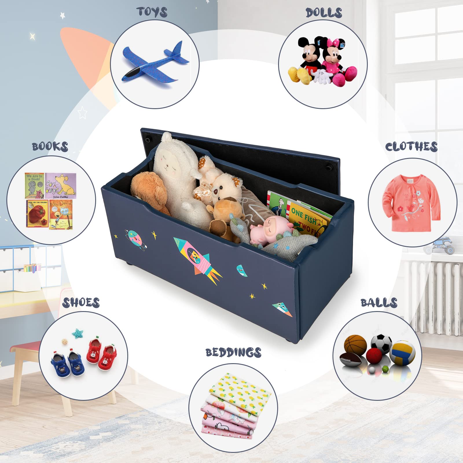 HONEY JOY Kids Wooden Toy Storage Box - 2-in-1 Large Toy Chest with Padded Seat, Carry Handles & Faux Leather Cover - Nursery, Bedroom, Playroom Organizer - Perfect for Toy Storage and Extra Seating in Kids Rooms (Astronaut Design)