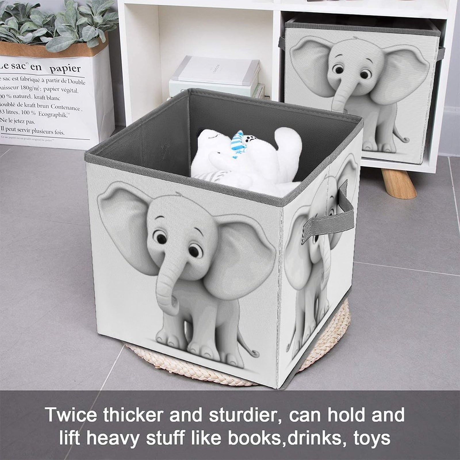 Collapsible Storage Cubes with Handles - 10.6×10.6 Inch Foldable Fabric Bins for Home Organization | Elephant Print Design | Perfect for Closet, Nursery, Office & Toy Storage