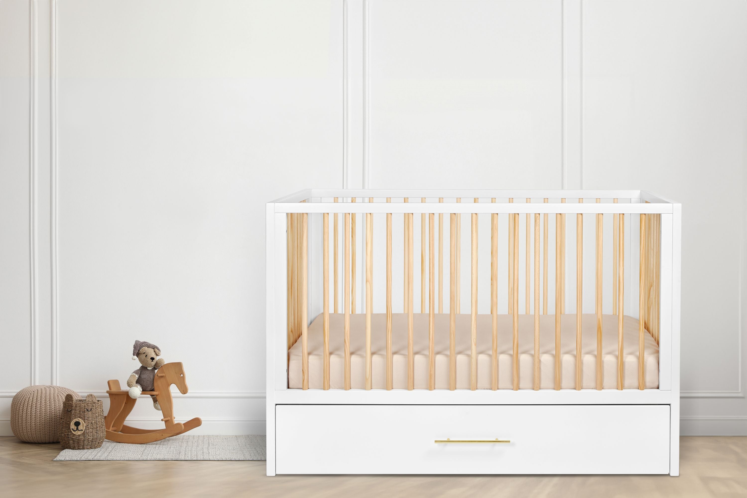 HushCrib 3-in-1 Convertible Baby Crib with Trundle & Mattress Set - White Nursery Furniture for Newborns, Toddlers & Kids - Perfect for Small Spaces & Shared Rooms