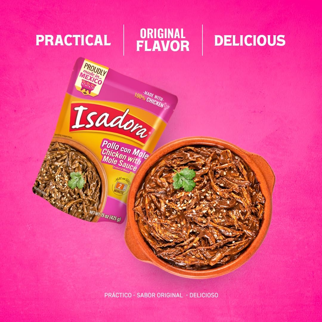 Fully Cooked Isadora Pollo con Mole - 15 oz Ready-to-Eat Mexican Chicken Dish | No Refrigeration Needed | Gluten-Free | 100% Chicken | Perfect for Quick Meals, Camping & Emergency Food Supplies