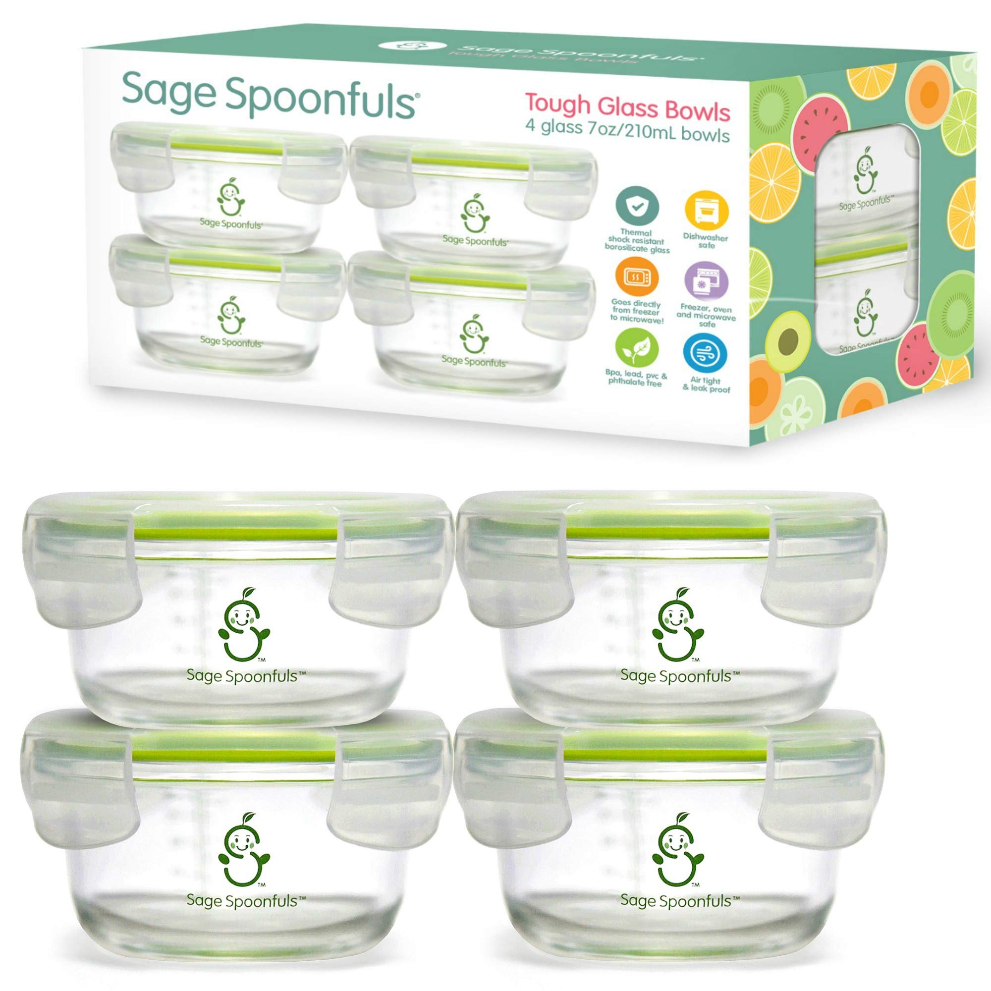 Sage Spoonfuls 7 oz Glass Baby Food Storage Containers with Lids - 4 Pack, BPA-Free, Leakproof & Airtight, Freezer, Microwave & Dishwasher Safe, Reusable Baby Food Jars for Homemade Purees, Snacks, and Meal Prep
