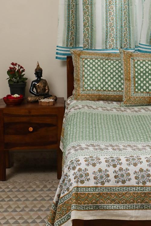 Valley of Flowers Handblock Printed Cotton Bedsheet - Premium 100% Cotton Queen Size Bed Sheet Set with Traditional Indian Block Print - Perfect for Bohemian Bedroom Decor & Guest Room Styling