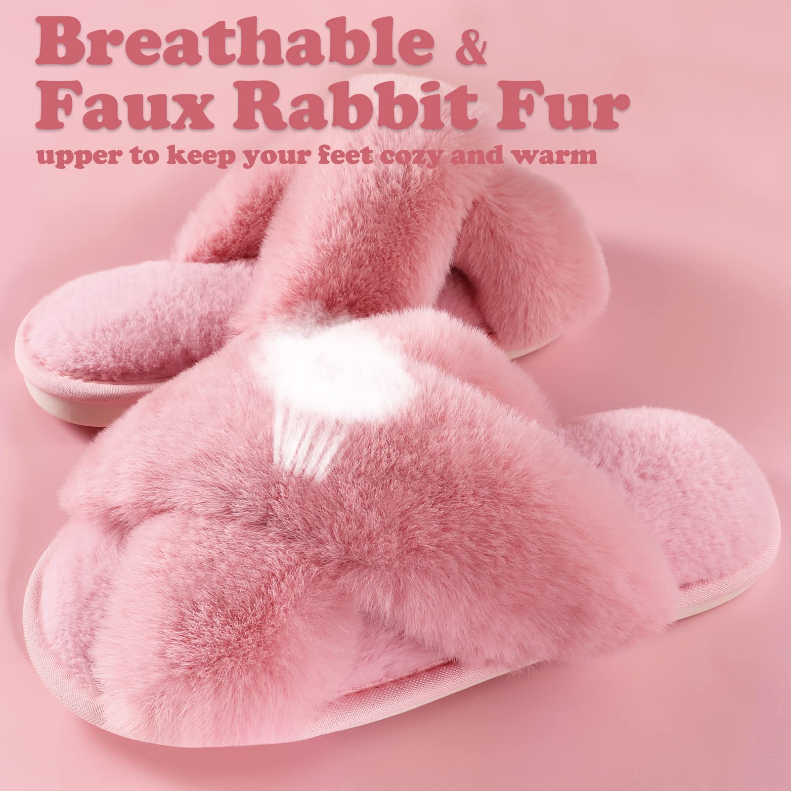Ankis Women's Fuzzy Fluffy Slippers - 2-Pair Cozy Soft Comfy House Slippers with Cross Band & Open Toe, Non-Slip Indoor/Outdoor Warm Slippers for Relaxation - Perfect for Lounging, Spa Days, and Cold Weather Comfort
