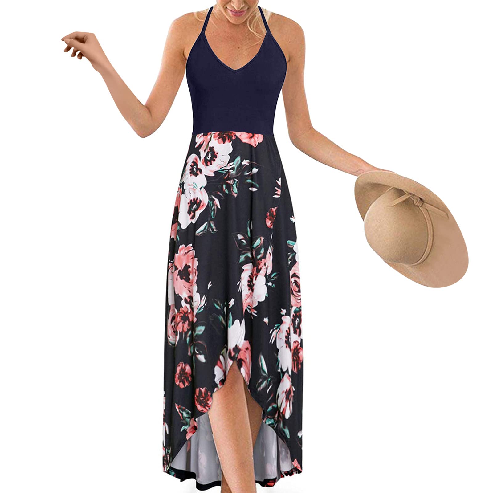 AIHOU Women's Asymmetrical Patchwork Floral Print Sleeveless Maxi Dress - Sexy Summer Beach Sundress for Party, Vacation & Casual Wear | Boho Chic Tank Dress for Outdoor Events & Date Nights