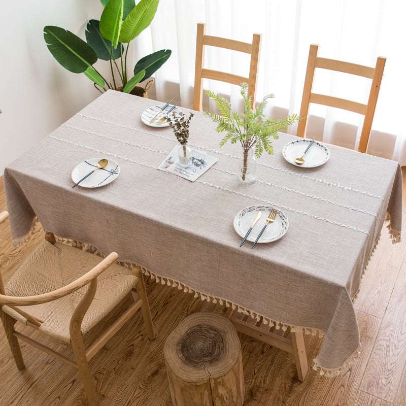 140x200cm Beige Striped Cotton Linen Tablecloth with Embroidered Tassels - European & American Farmhouse Style for Restaurants, Weddings, and Home Dining Decor