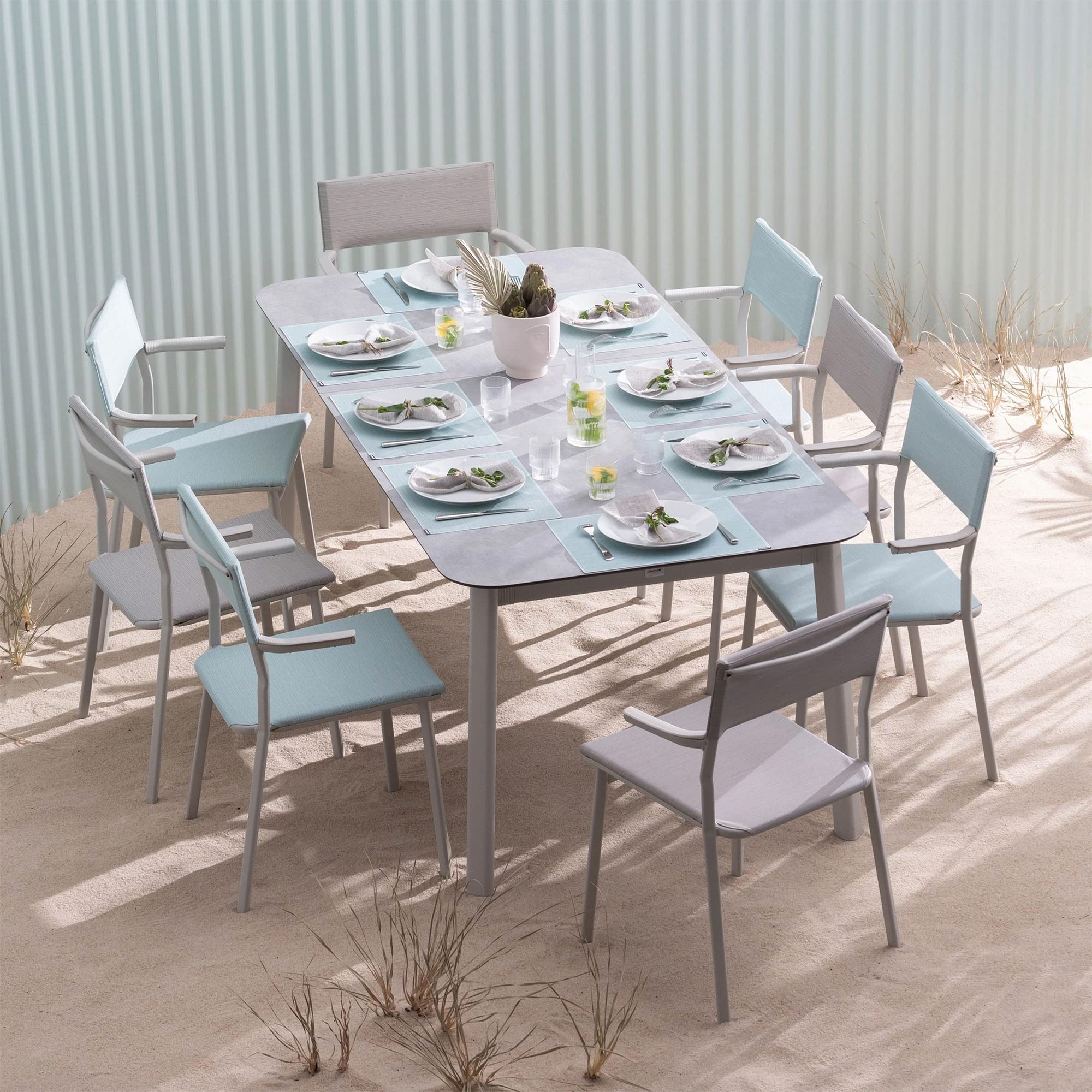 Lafuma ORON Outdoor Dining Armchair Set of 2 - Sand Frame & Mistral Blue - Weather-Resistant Patio Furniture for Garden, Poolside, and Backyard Relaxation