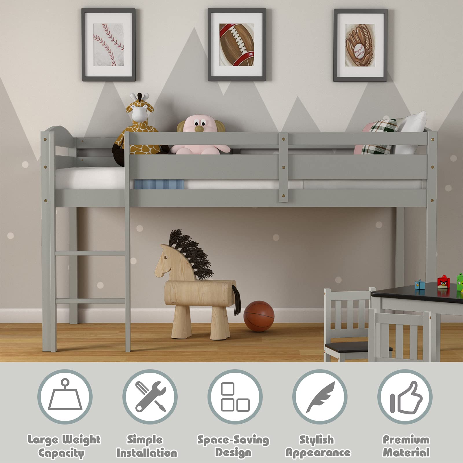 Costzon Twin Loft Bed with Storage - Solid Wood Low Bunk Bed with Guard Rail & Ladder for Kids - Space-Saving Bedroom Furniture for Boys & Girls - No Box Spring Needed - Classic Gray Children's Loft Bed - Perfect for Small Rooms, Dormitories & Shared Kids' Bedrooms